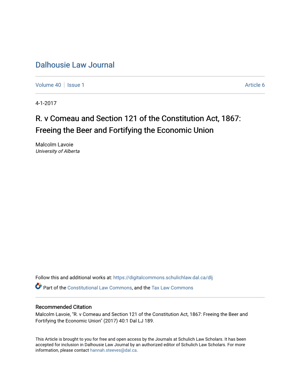R. V Comeau and Section 121 of the Constitution Act, 1867: Freeing the Beer and Fortifying the Economic Union