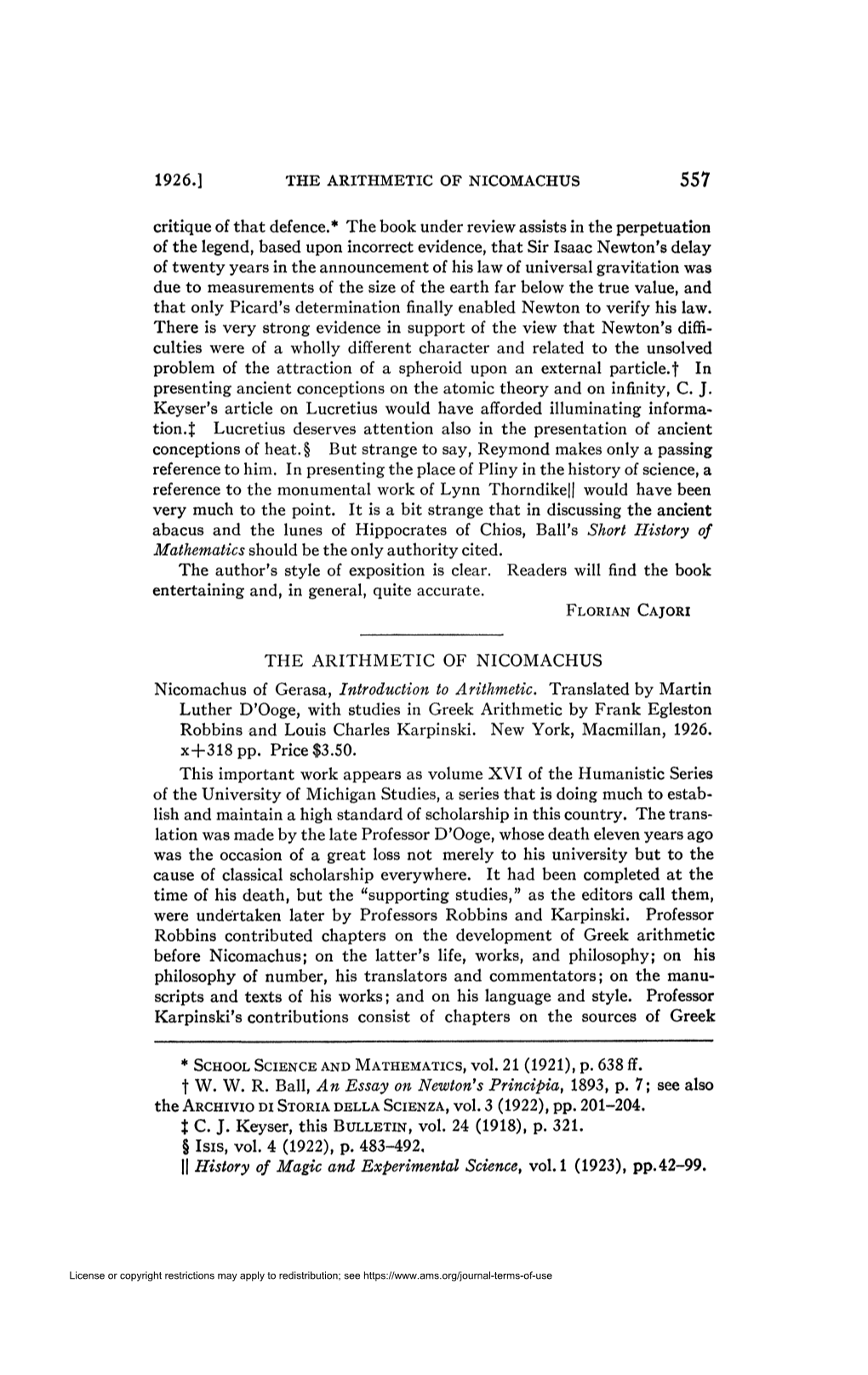 1926.] the ARITHMETIC of NICOMACHUS 557 Critique of That