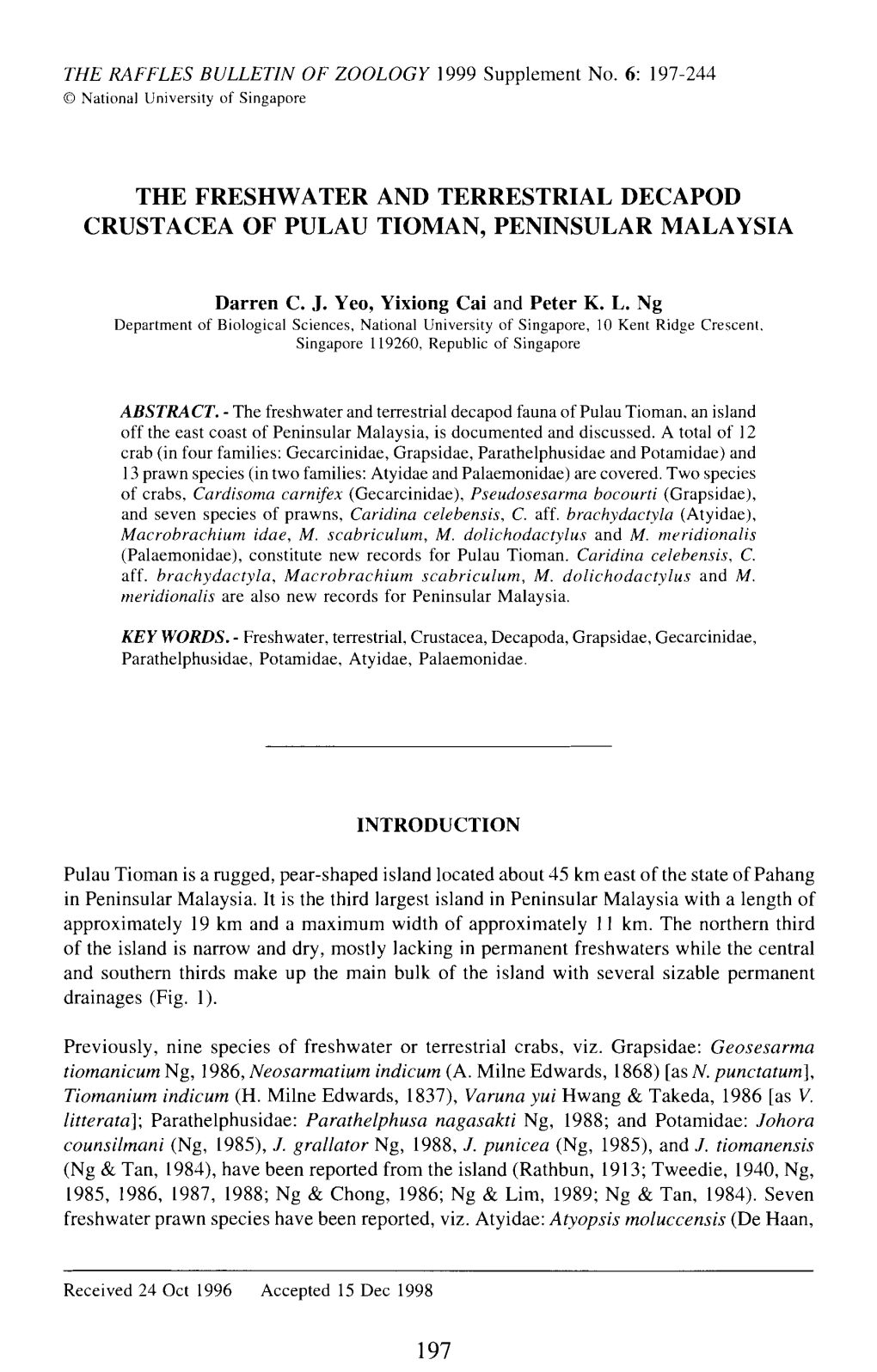 The Freshwater and Terrestrial Decapod Crustacea of Pulau Tioman, Peninsular Malaysia