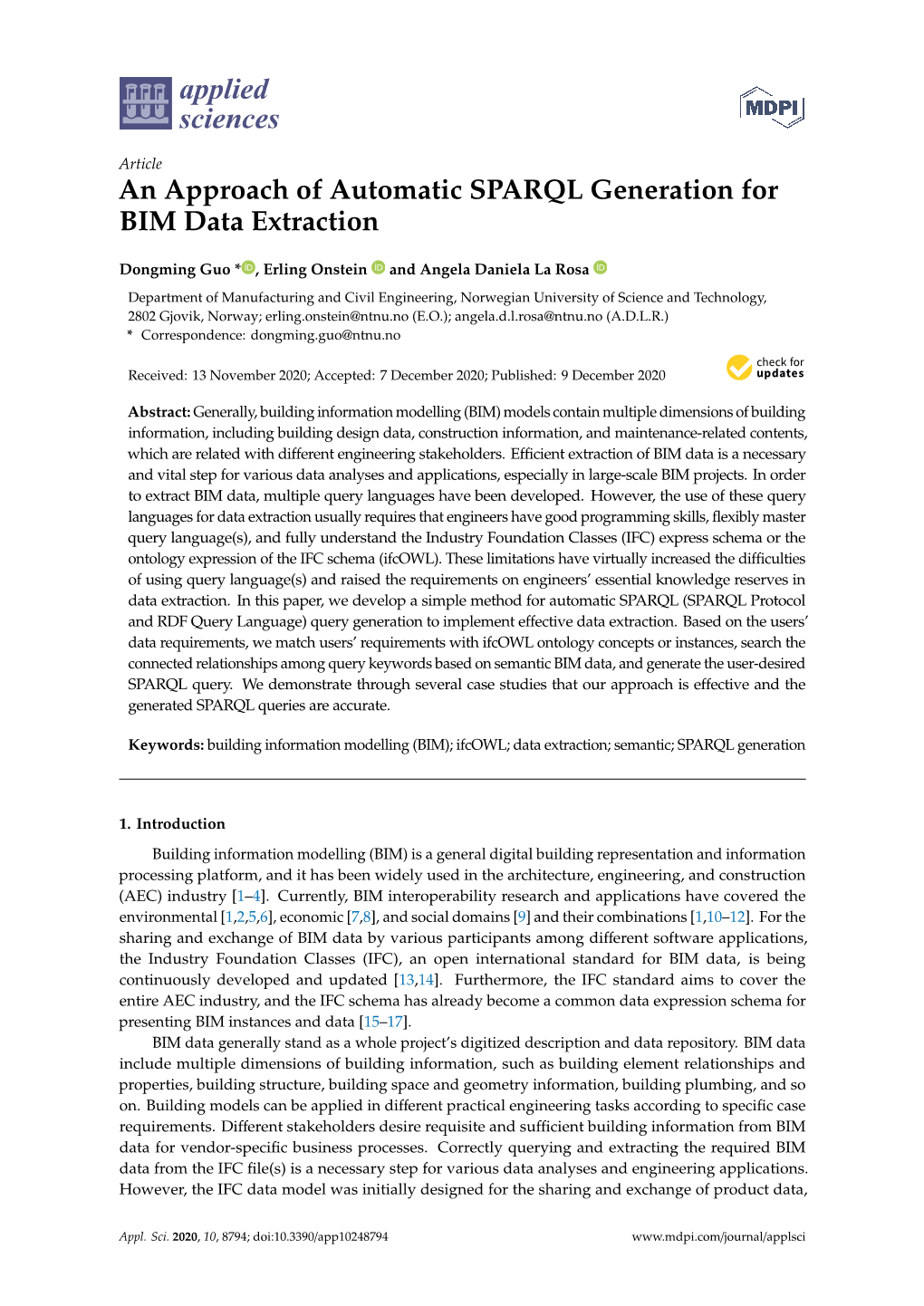 An Approach of Automatic SPARQL Generation for BIM Data Extraction