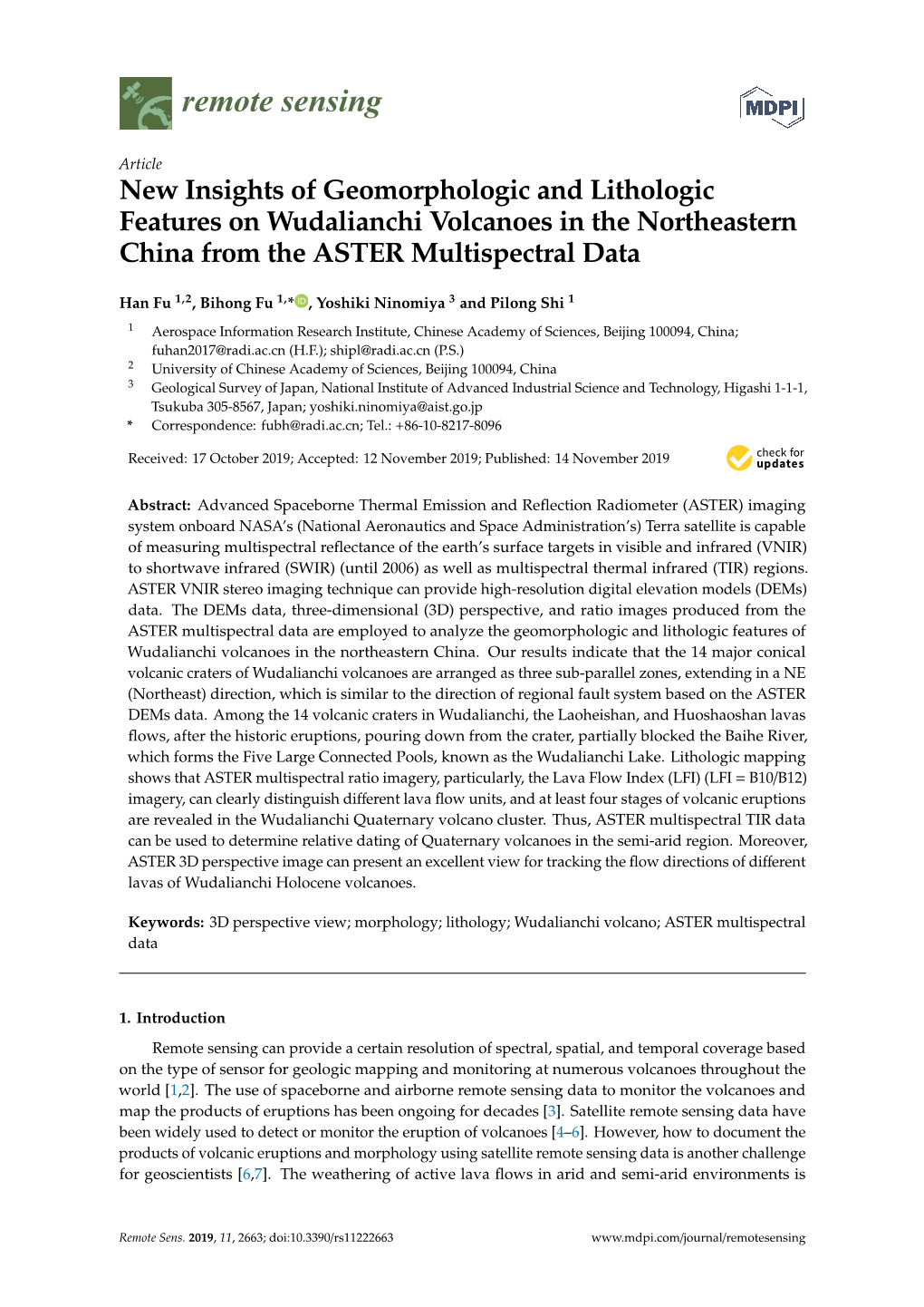 New Insights of Geomorphologic and Lithologic Features on Wudalianchi Volcanoes in the Northeastern China from the ASTER Multispectral Data