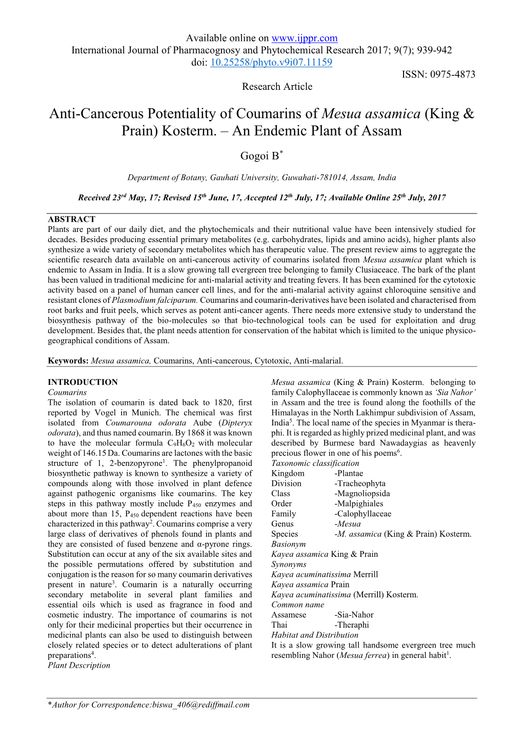 Anti-Cancerous Potentiality of Coumarins of Mesua Assamica (King & Prain) Kosterm