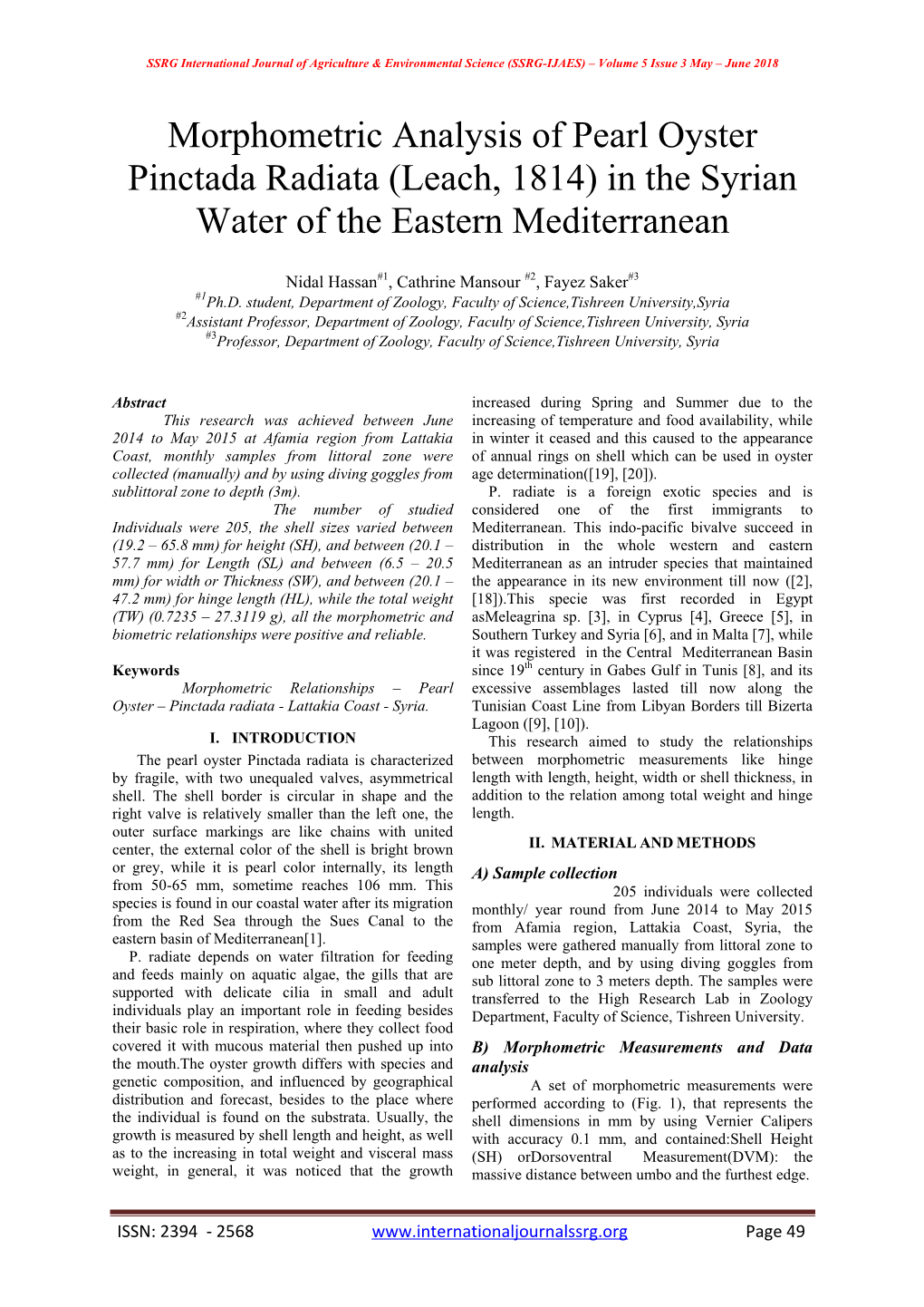 Morphometric Analysis of Pearl Oyster Pinctada Radiata (Leach, 1814) in the Syrian Water of the Eastern Mediterranean
