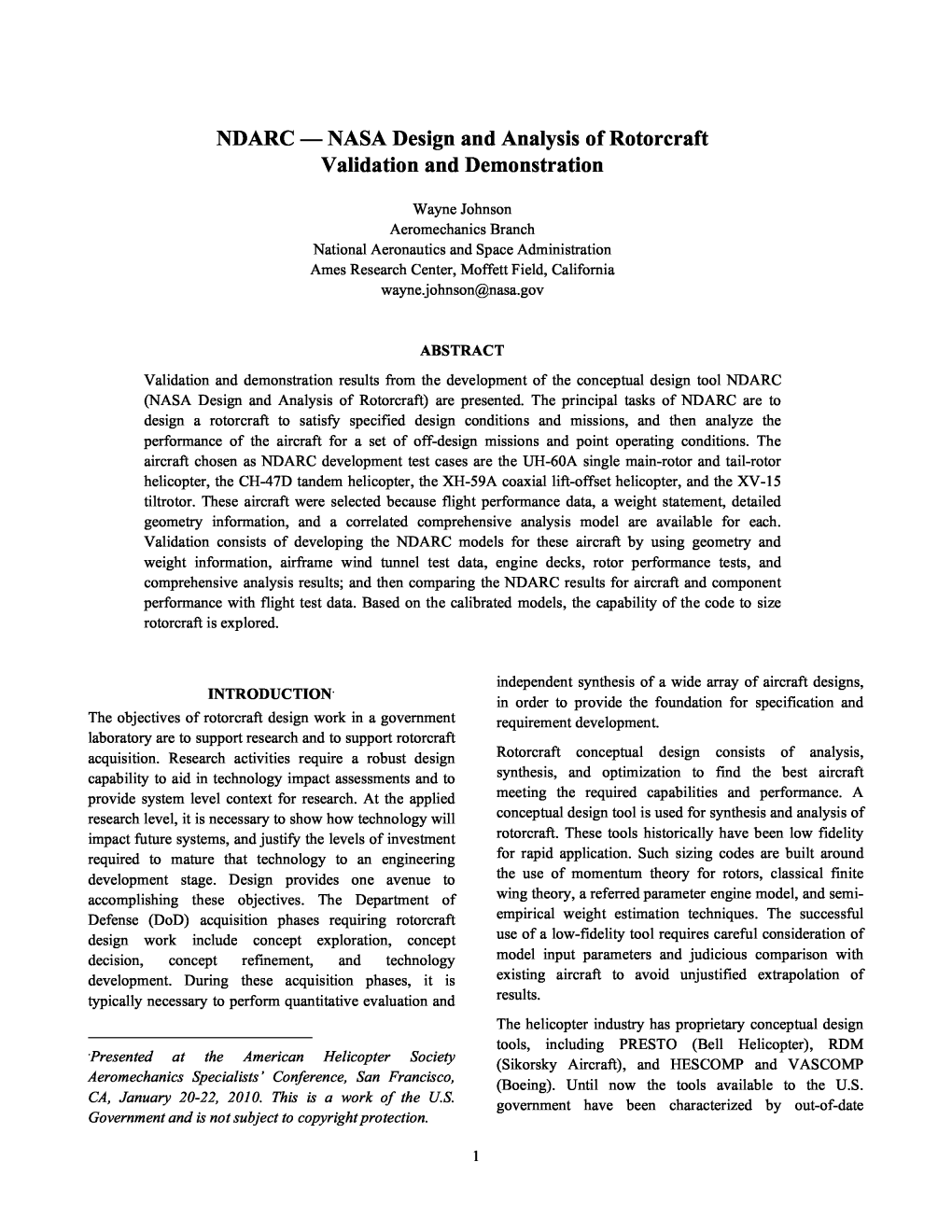 NDARC — NASA Design and Analysis of Rotorcraft Validation and Demonstration