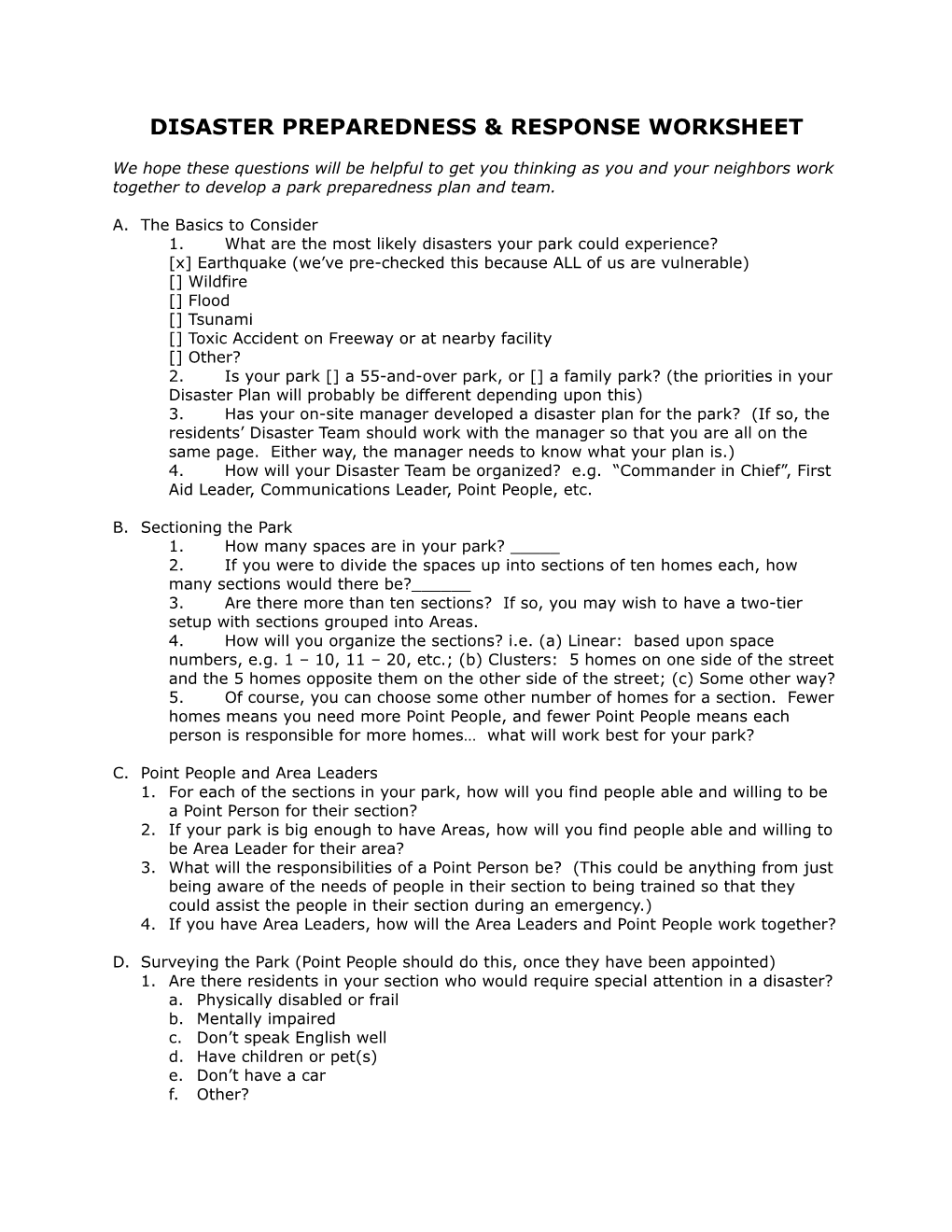 Disaster Preparedness & Response Worksheet