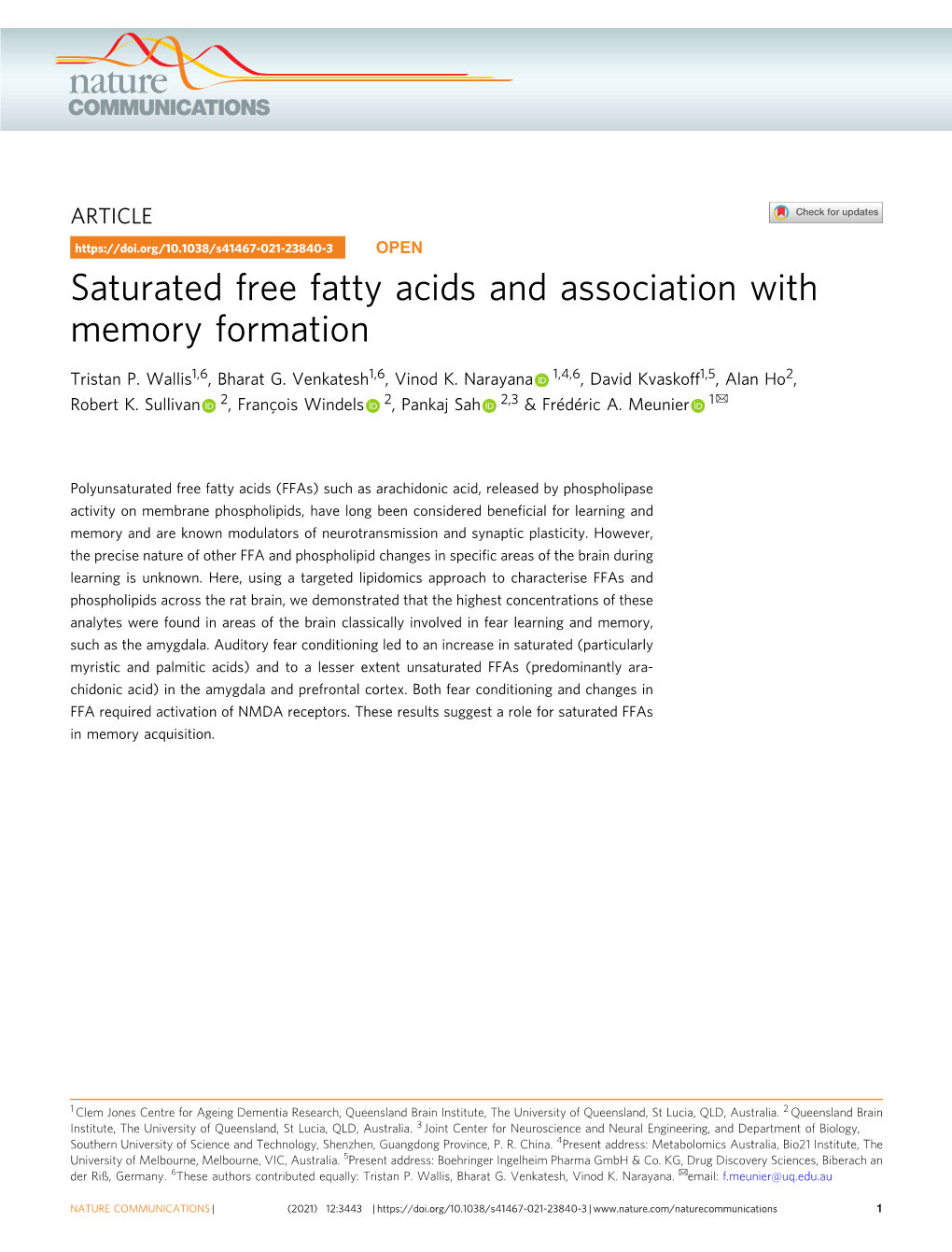 Saturated Free Fatty Acids and Association with Memory Formation