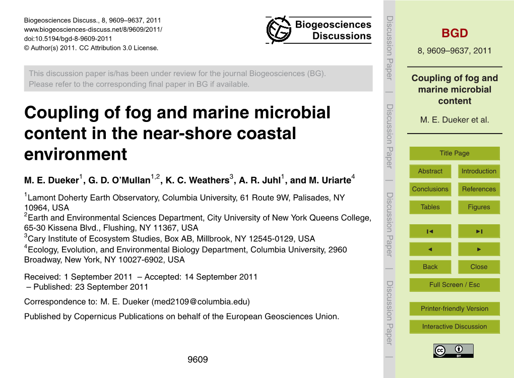 Coupling of Fog and Marine Microbial Content 1 Introduction M