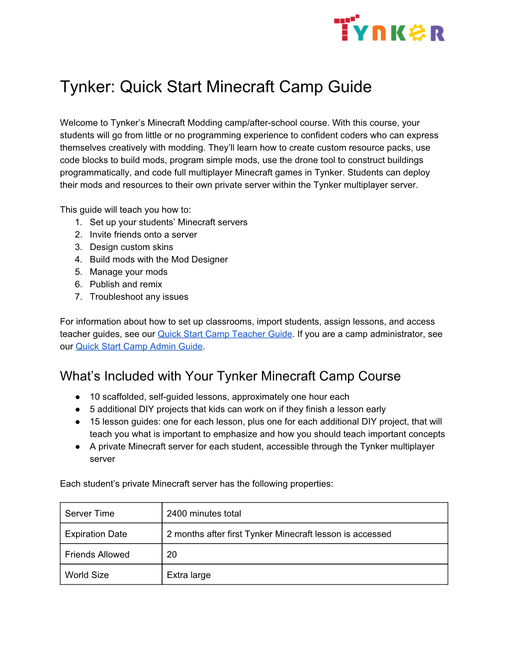 Quick Start Minecraft Camp Guide