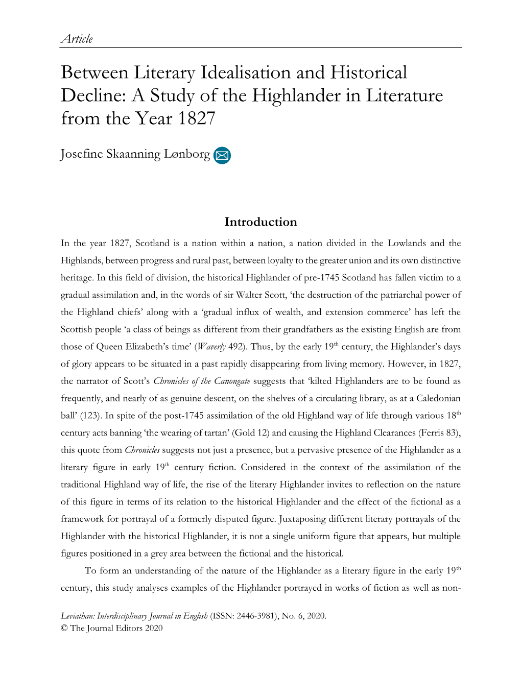 Between Literary Idealisation and Historical Decline: a Study of the Highlander in Literature from the Year 1827