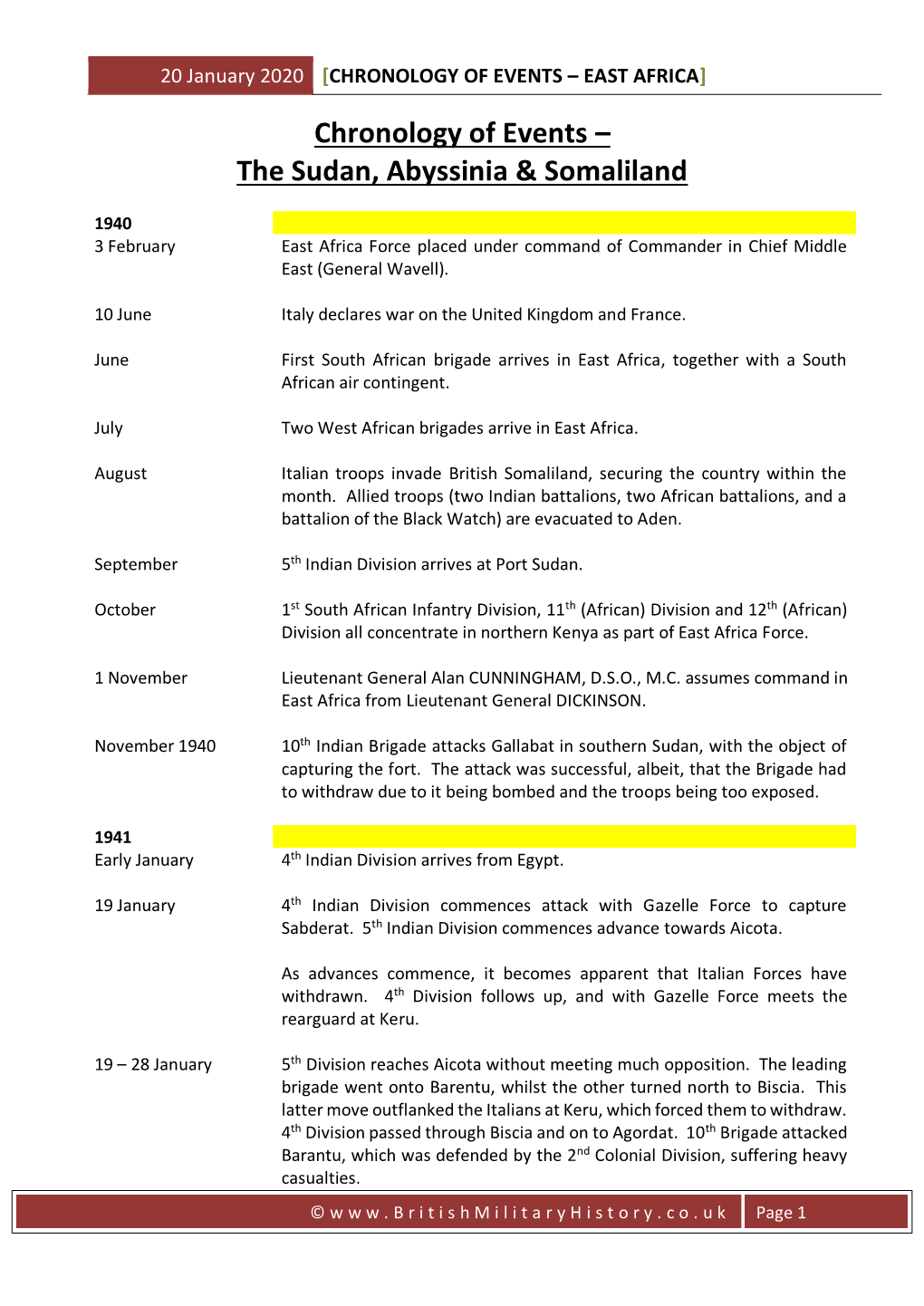 Chronology of Events – East Africa]