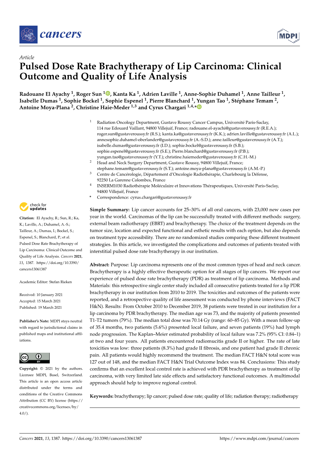 Pulsed Dose Rate Brachytherapy of Lip Carcinoma: Clinical Outcome and Quality of Life Analysis