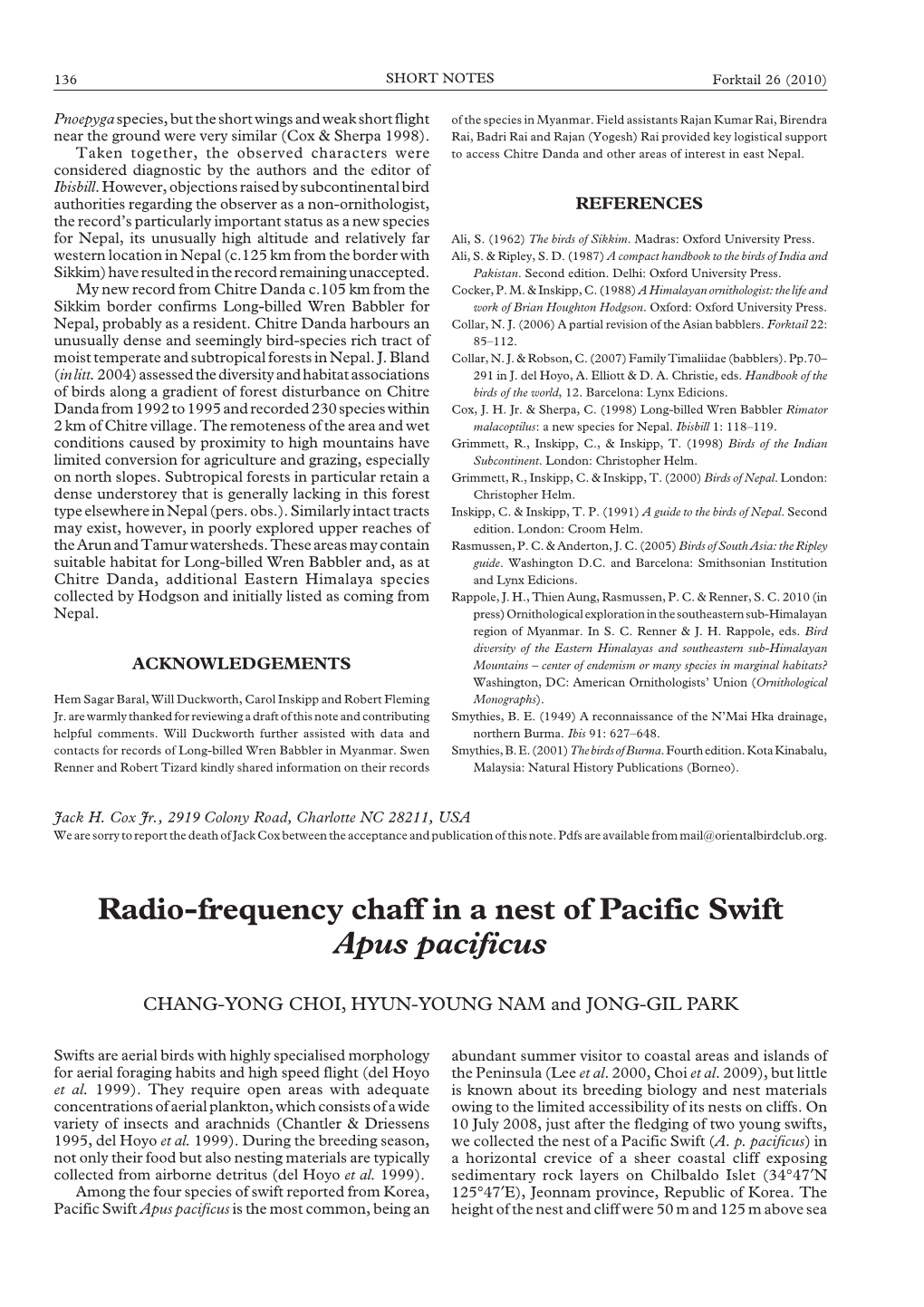 Radio-Frequency Chaff in a Nest of Pacific Swift Apus Pacificus (PDF