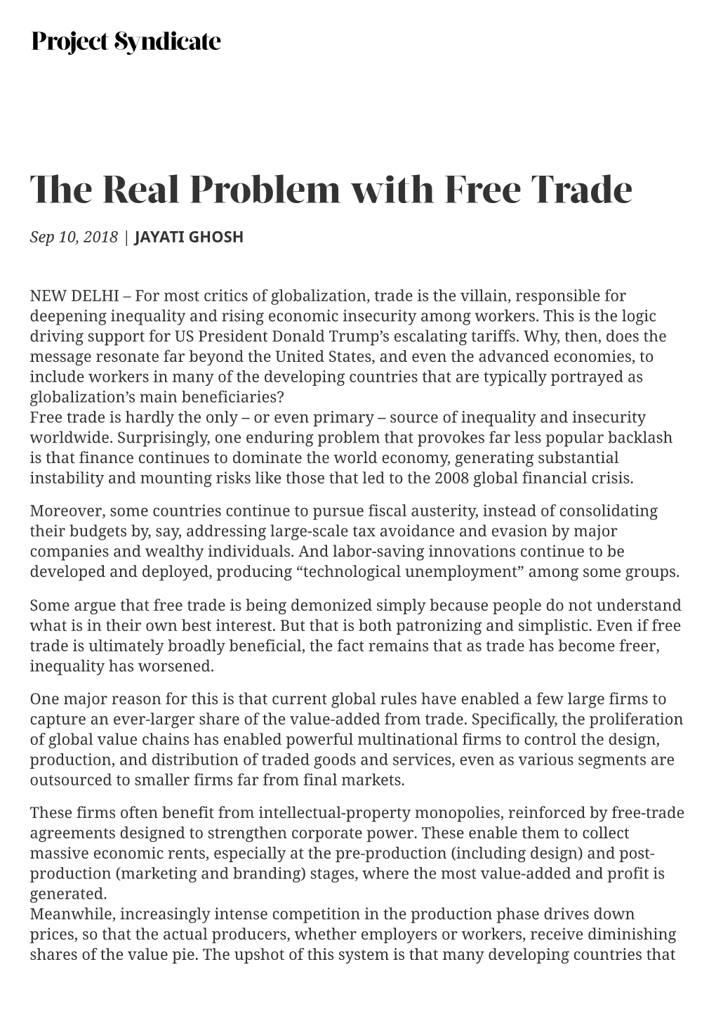 The Real Problem with Free Trade by Jayati Ghosh