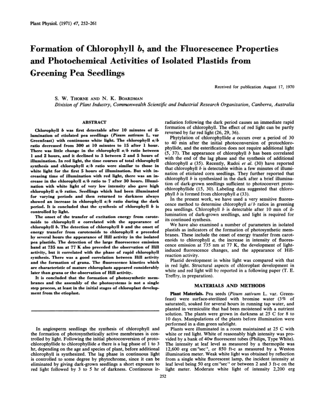 Formation of Chlorophyll B, and the Fluorescence Properties and Photochemical Activities of Isolated Plastids from Greening Pea Seedlings