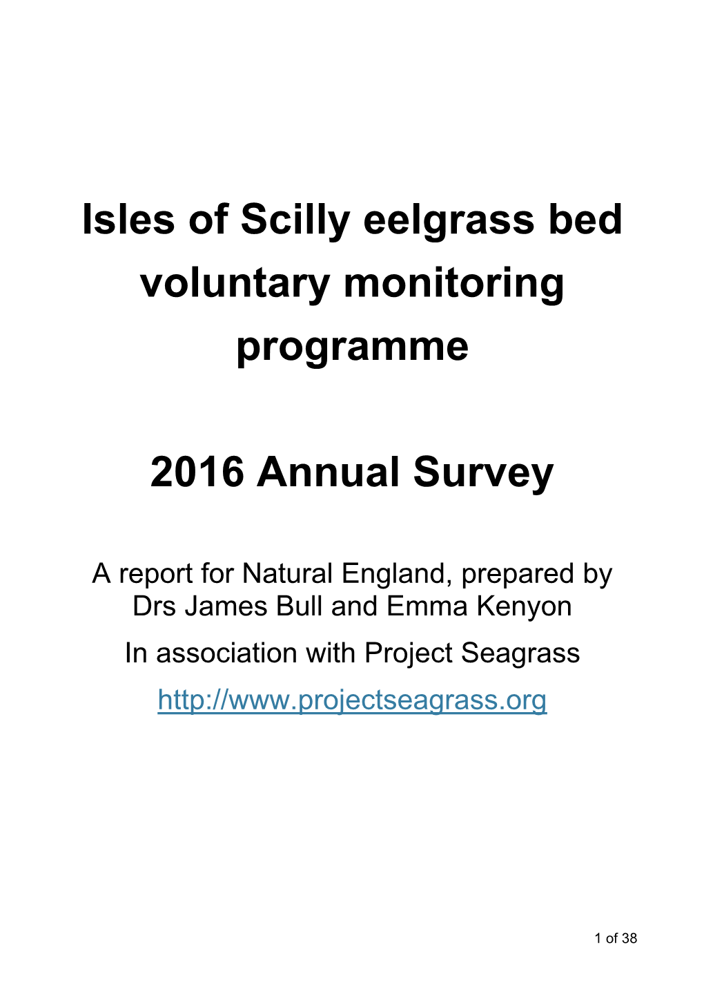 Isles of Scilly Eelgrass Bed Voluntary Monitoring Programme 2016