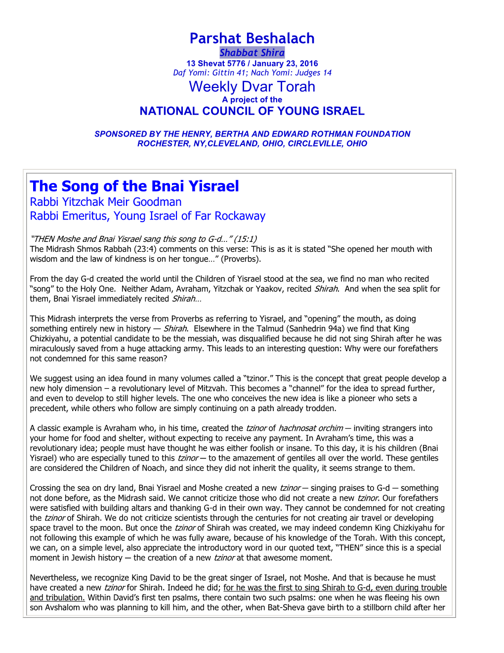 Parshat Beshalach Weekly Dvar Torah the Song of the Bnai Yisrael