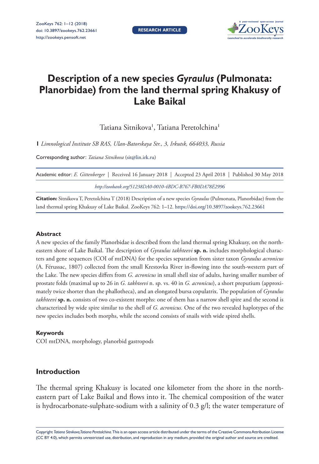 Pulmonata: Planorbidae) from the Land Thermal Spring Khakusy of Lake Baikal