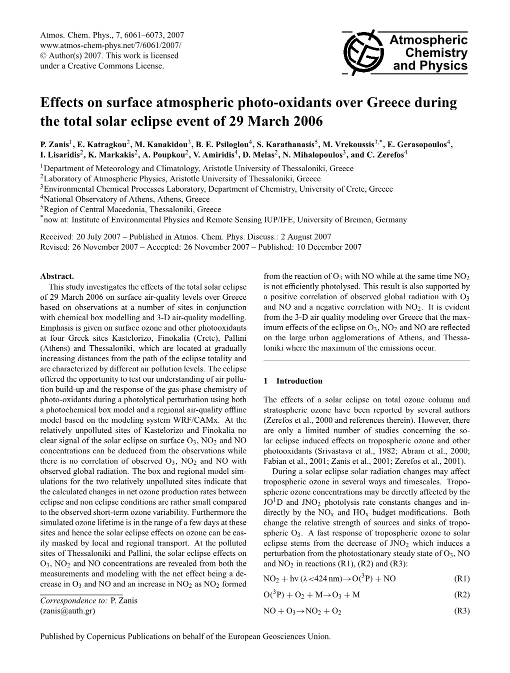 Effects on Surface Atmospheric Photo-Oxidants Over Greece During the Total Solar Eclipse Event of 29 March 2006