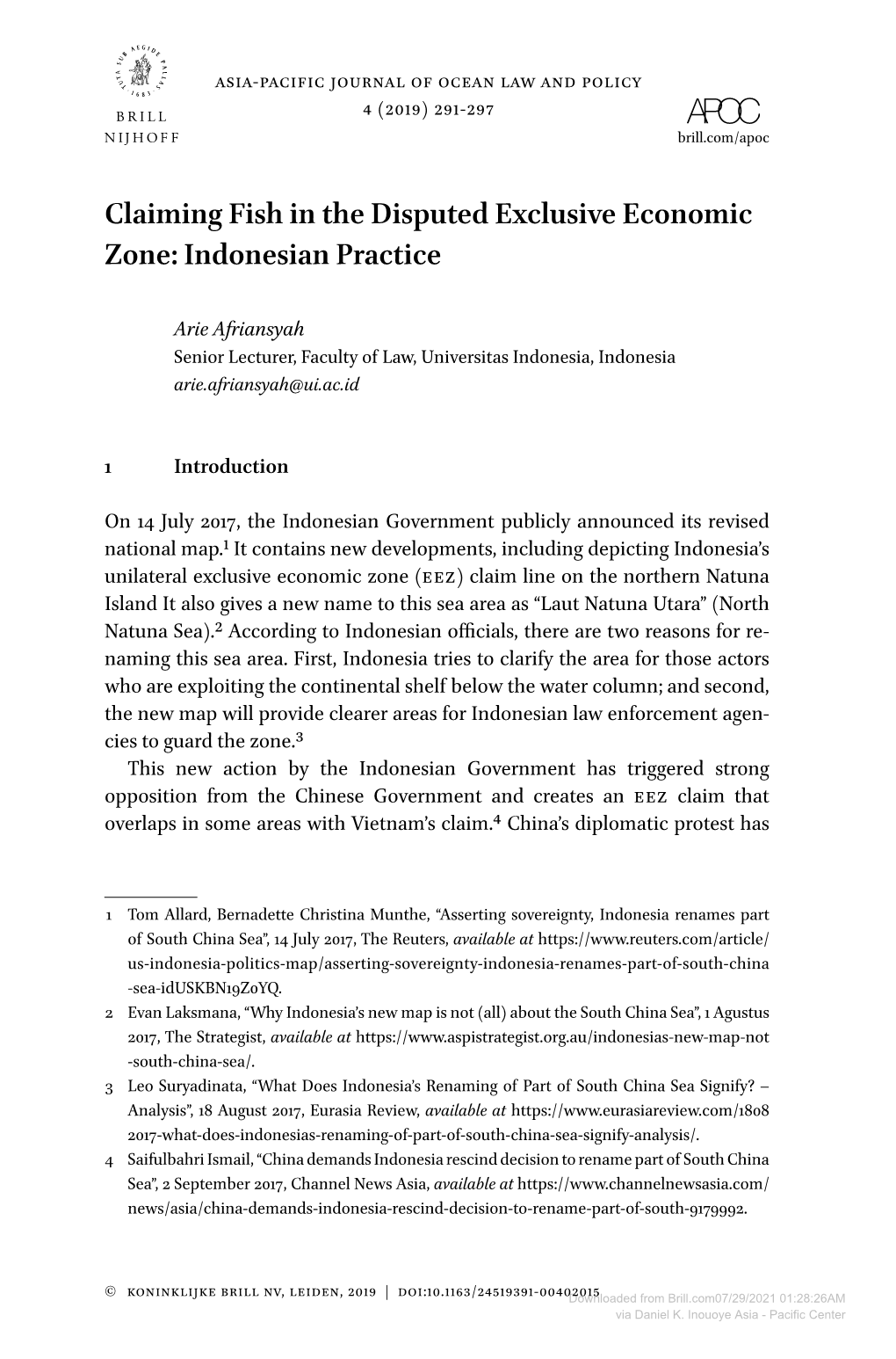 Claiming Fish in the Disputed Exclusive Economic Zone: Indonesian Practice