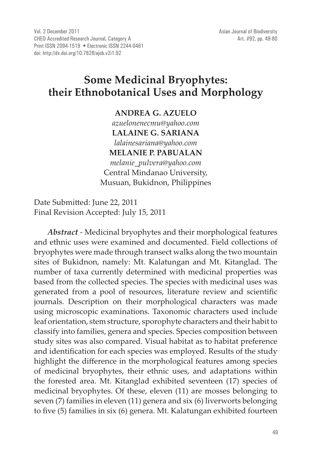 Some Medicinal Bryophytes: Their Ethnobotanical Uses and Morphology