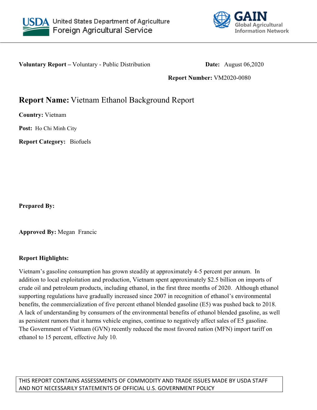 Report Name:Vietnam Ethanol Background Report