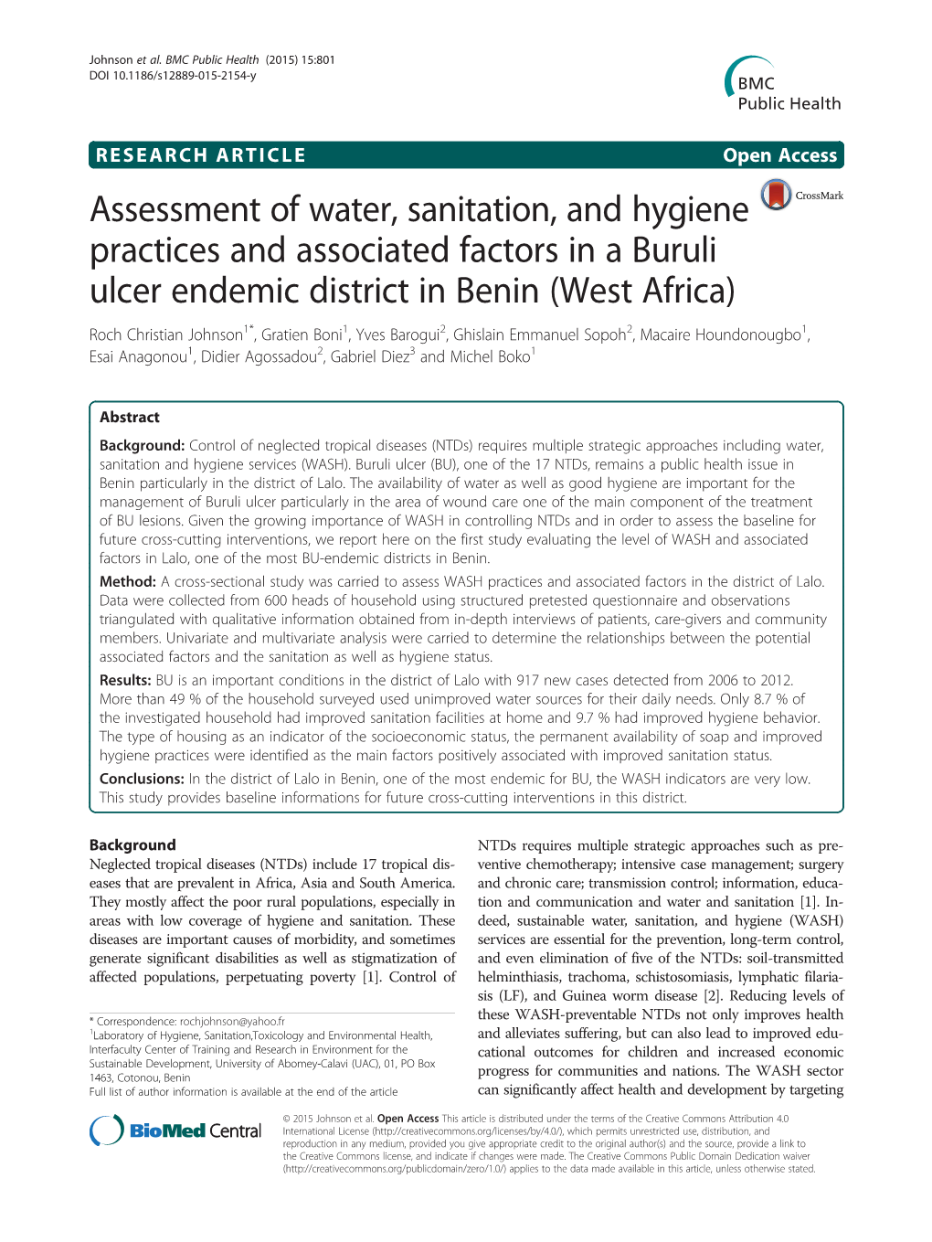 Assessment of Water, Sanitation, and Hygiene Practices and Associated
