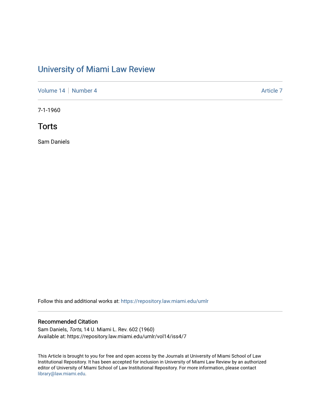 University of Miami Law Review Torts