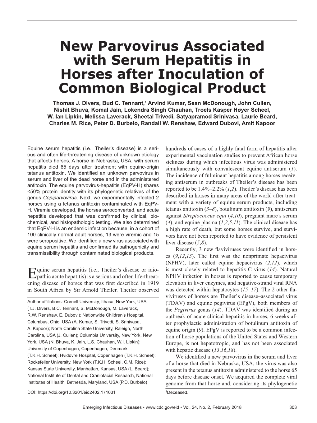 New Parvovirus Associated with Serum Hepatitis in Horses After Inoculation of Common Biological Product Thomas J