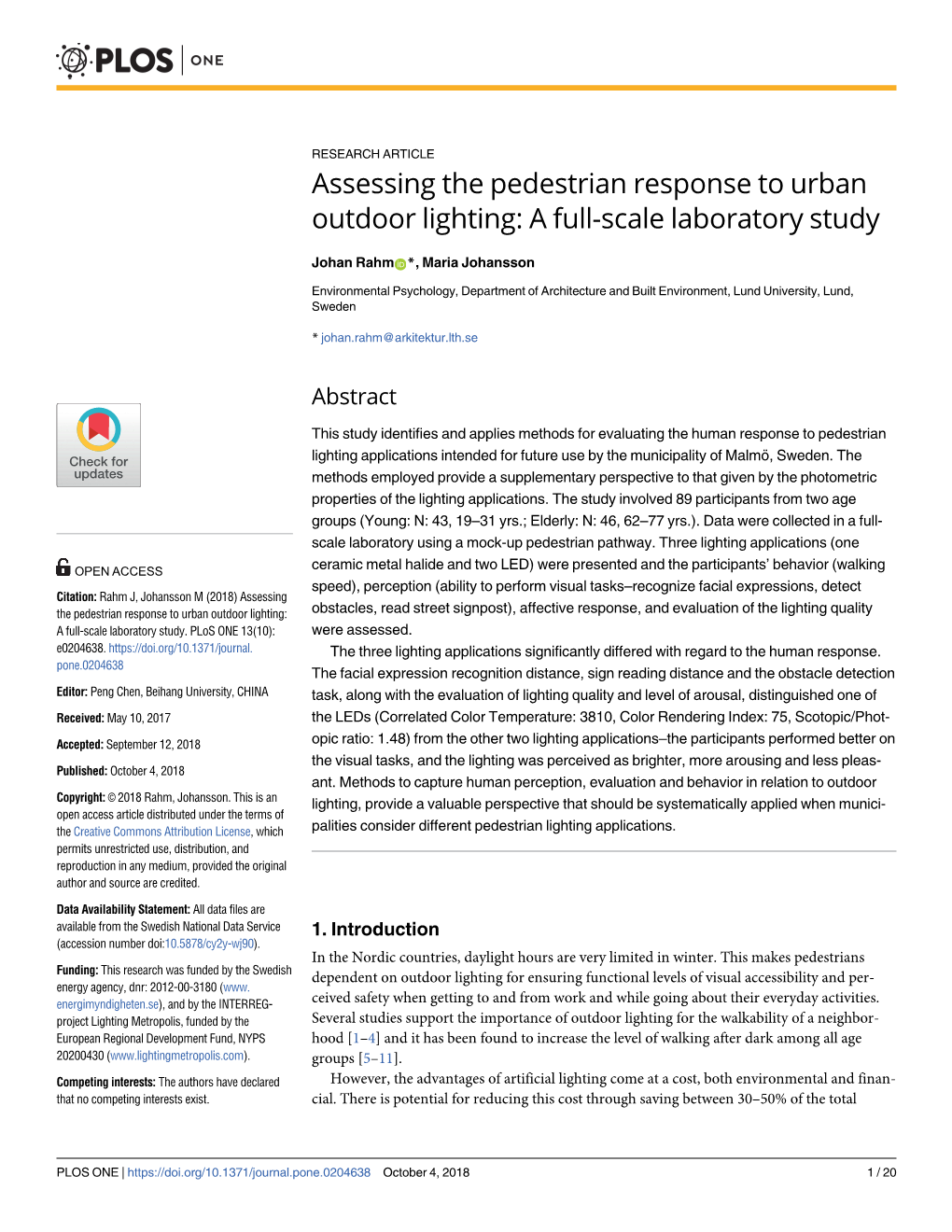 Assessing the Pedestrian Response to Urban Outdoor Lighting: a Full-Scale Laboratory Study