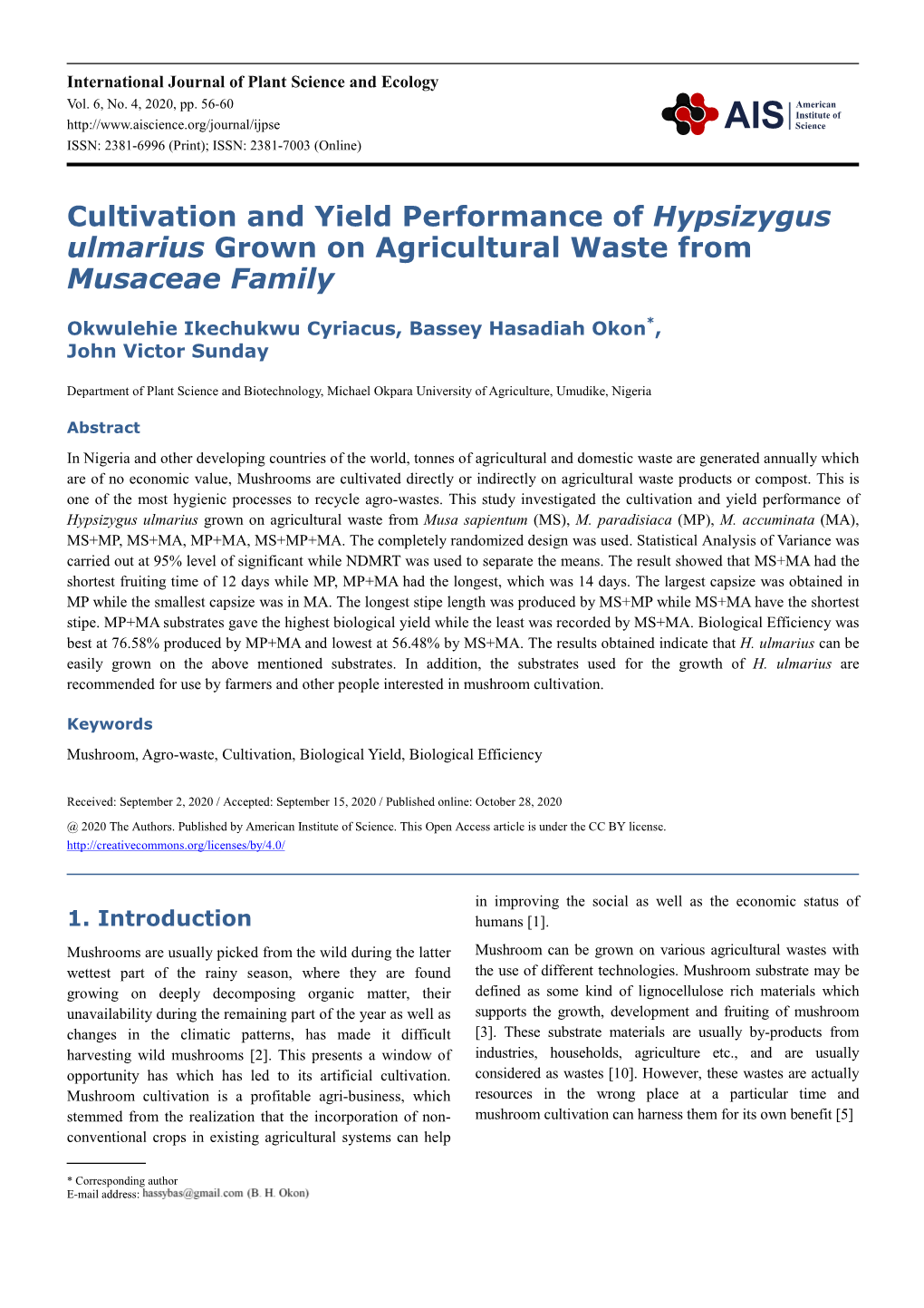 Cultivation and Yield Performance of Hypsizygus Ulmarius Grown on Agricultural Waste from Musaceae Family