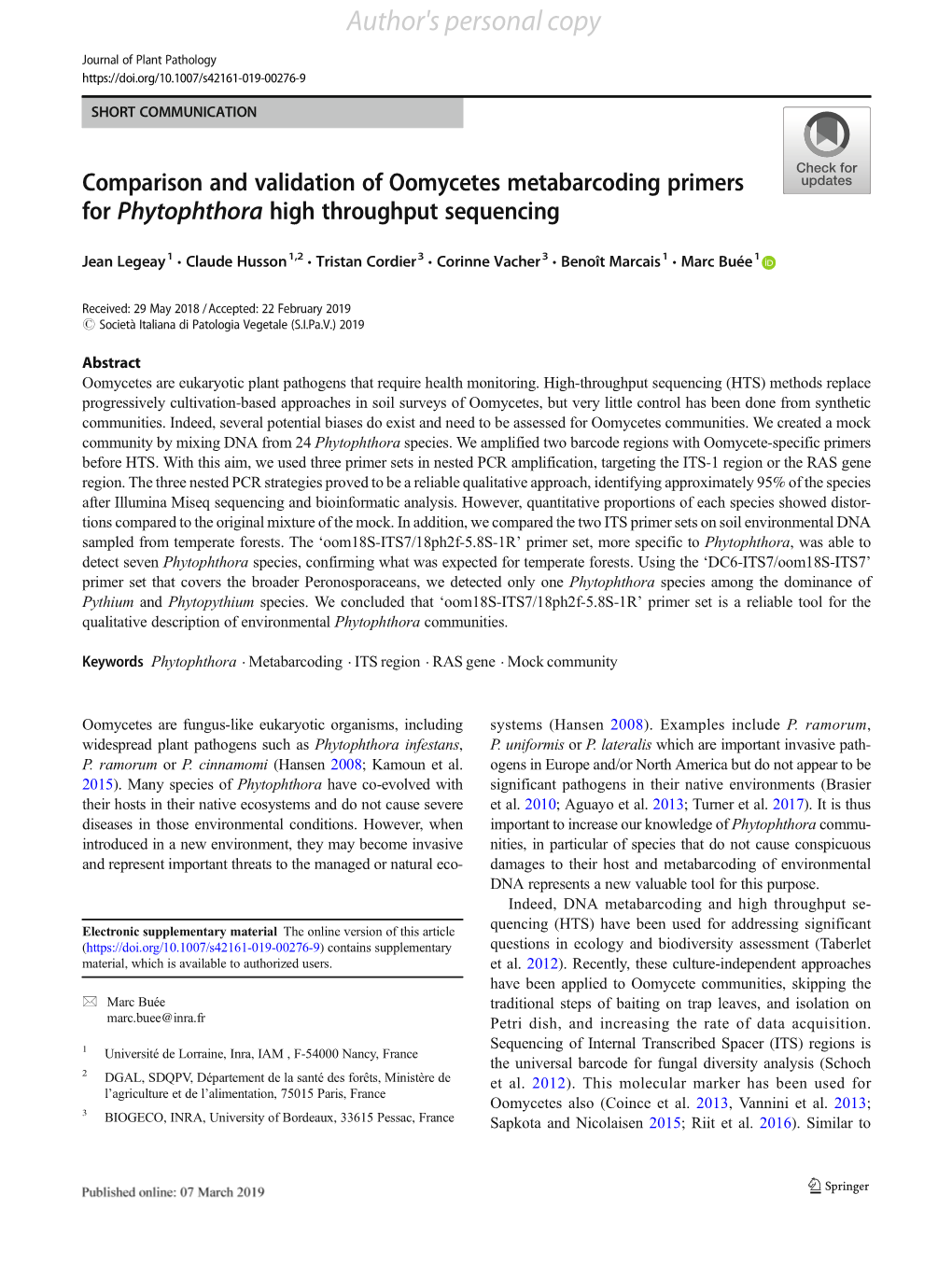 Comparison and Validation of Oomycetes Metabarcoding Primers for Phytophthora High Throughput Sequencing