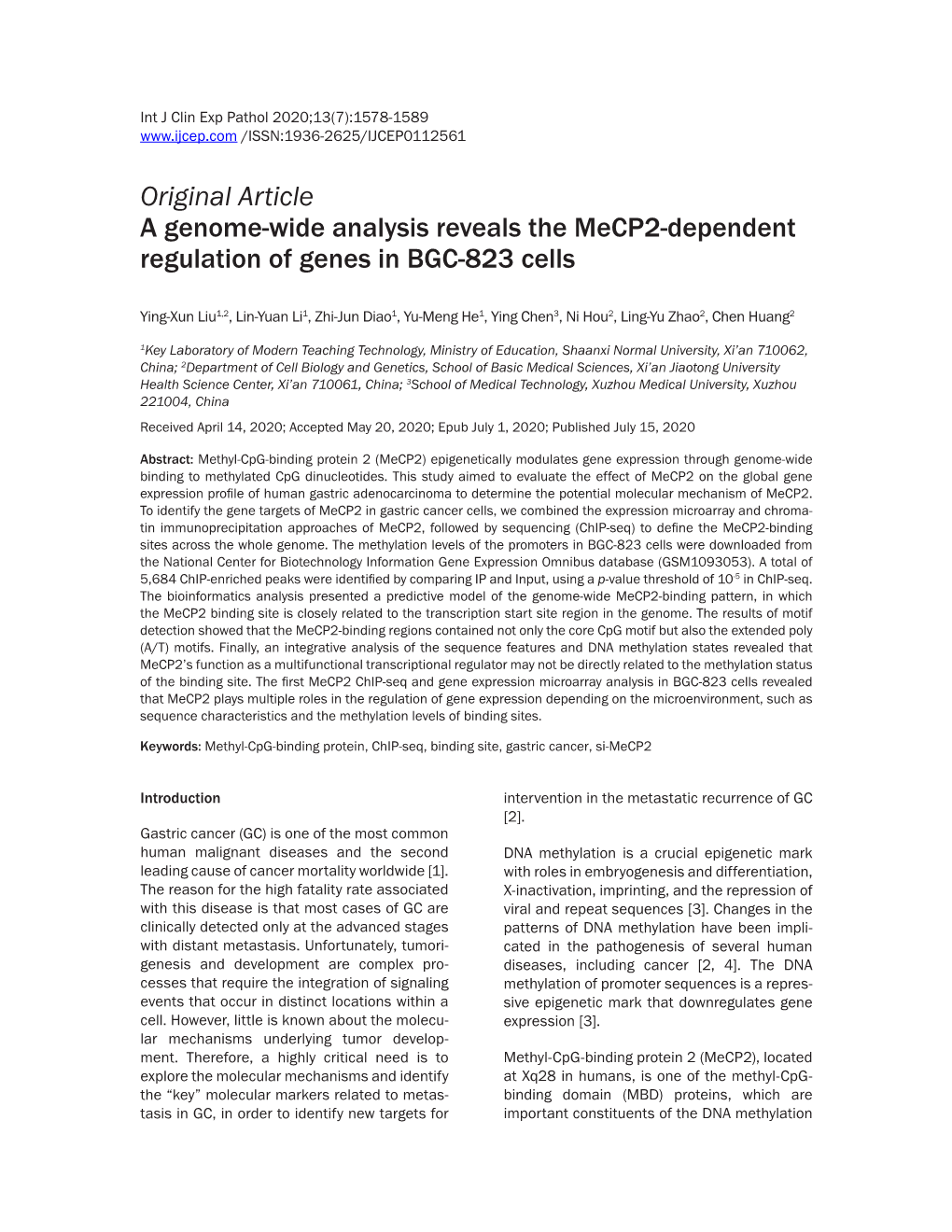 Original Article a Genome-Wide Analysis Reveals the Mecp2-Dependent Regulation of Genes in BGC-823 Cells