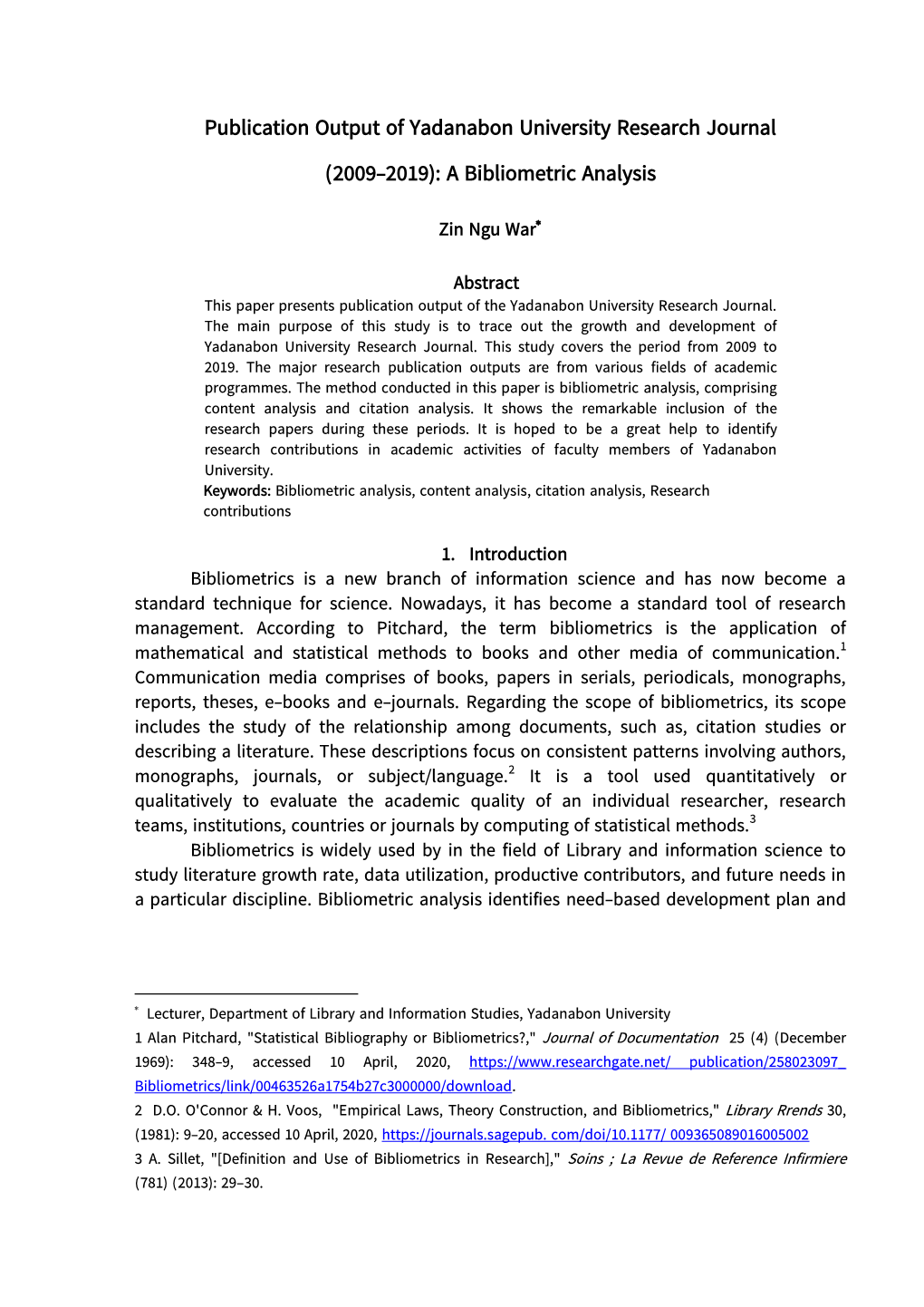 Publication Output of Yadanabon University Research Journal (2009-2019): a Bibliometric Analysis
