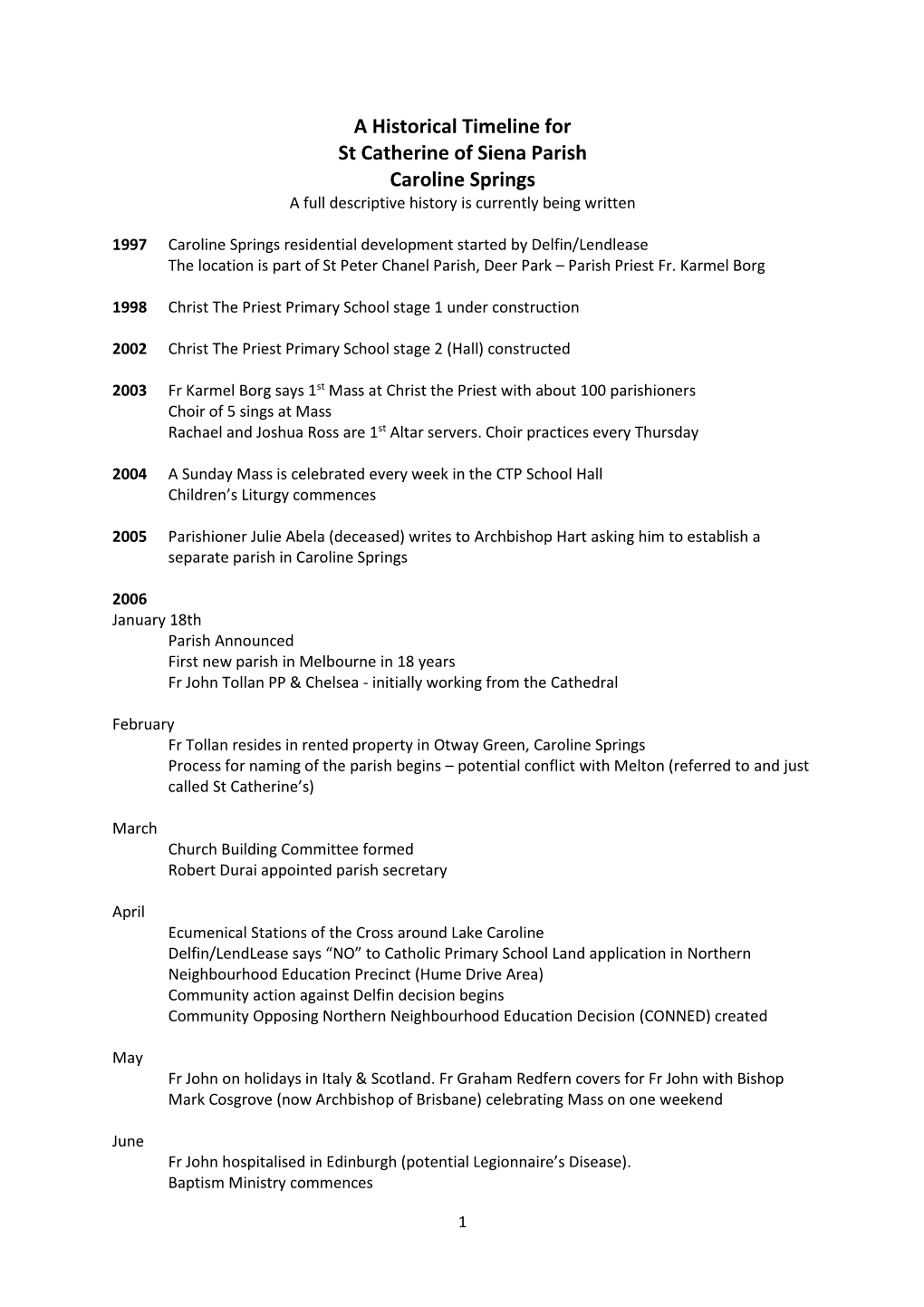 A Historical Timeline for St Catherine of Siena Parish Caroline Springs a Full Descriptive History Is Currently Being Written