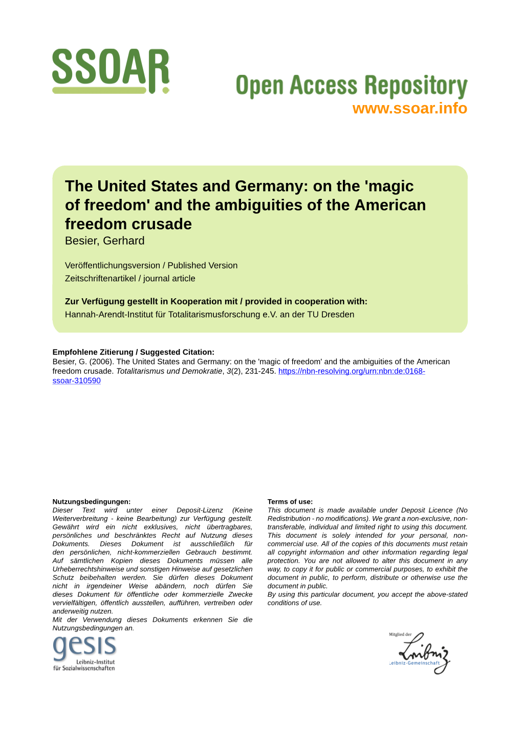 And the Ambiguities of the American Freedom Crusade Besier, Gerhard