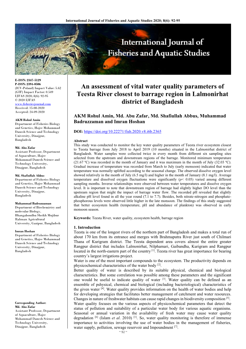 An Assessment of Vital Water Quality Parameters of Teesta River Closest