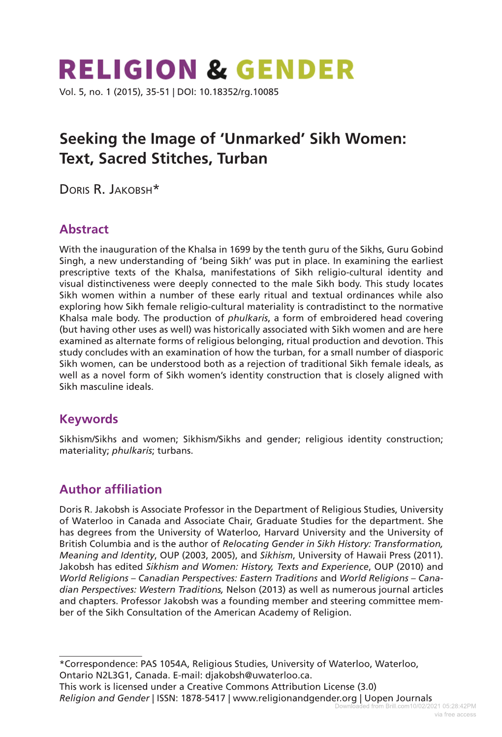 Seeking the Image of 'Unmarked' Sikh Women: Text, Sacred Stitches, Turban