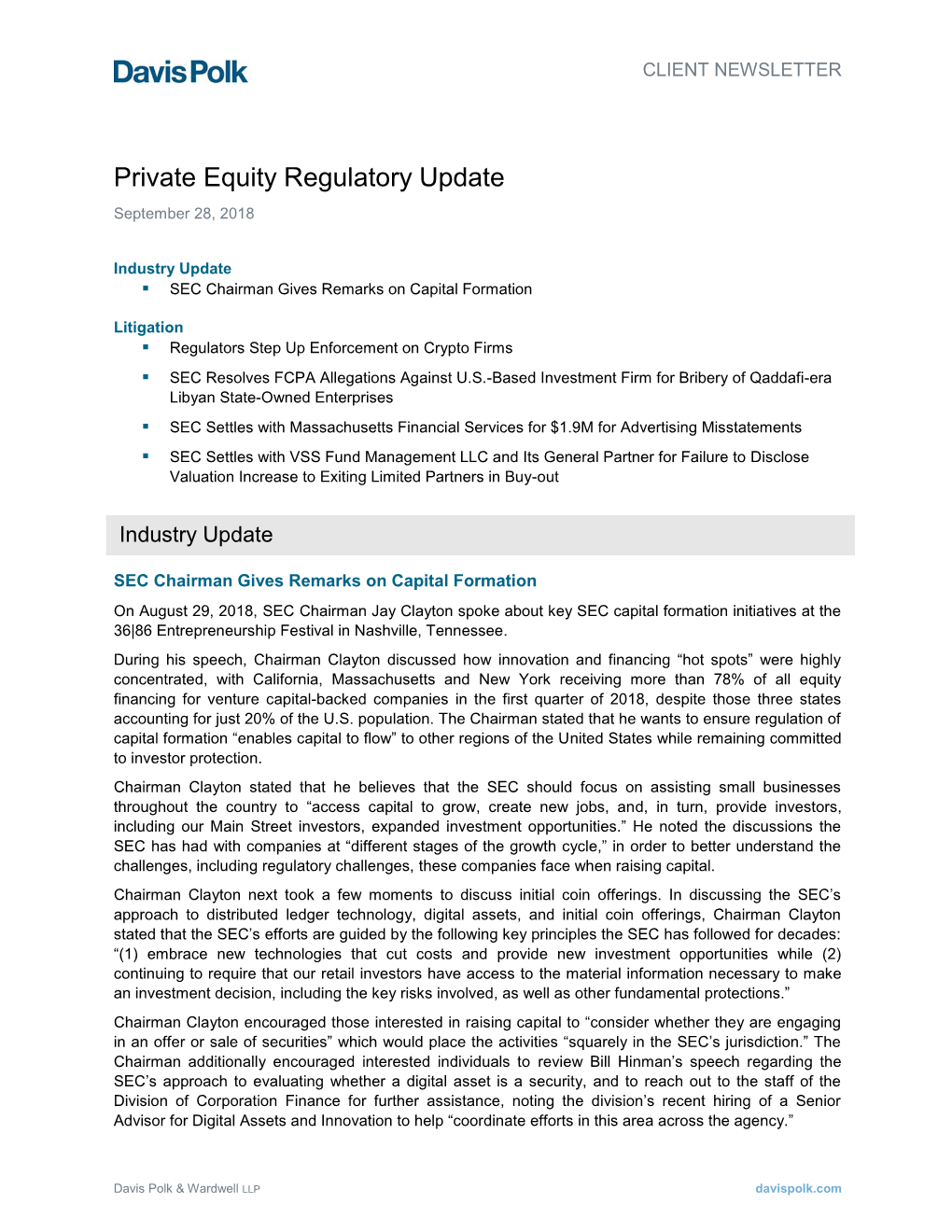 Private Equity Regulatory Update September 28, 2018