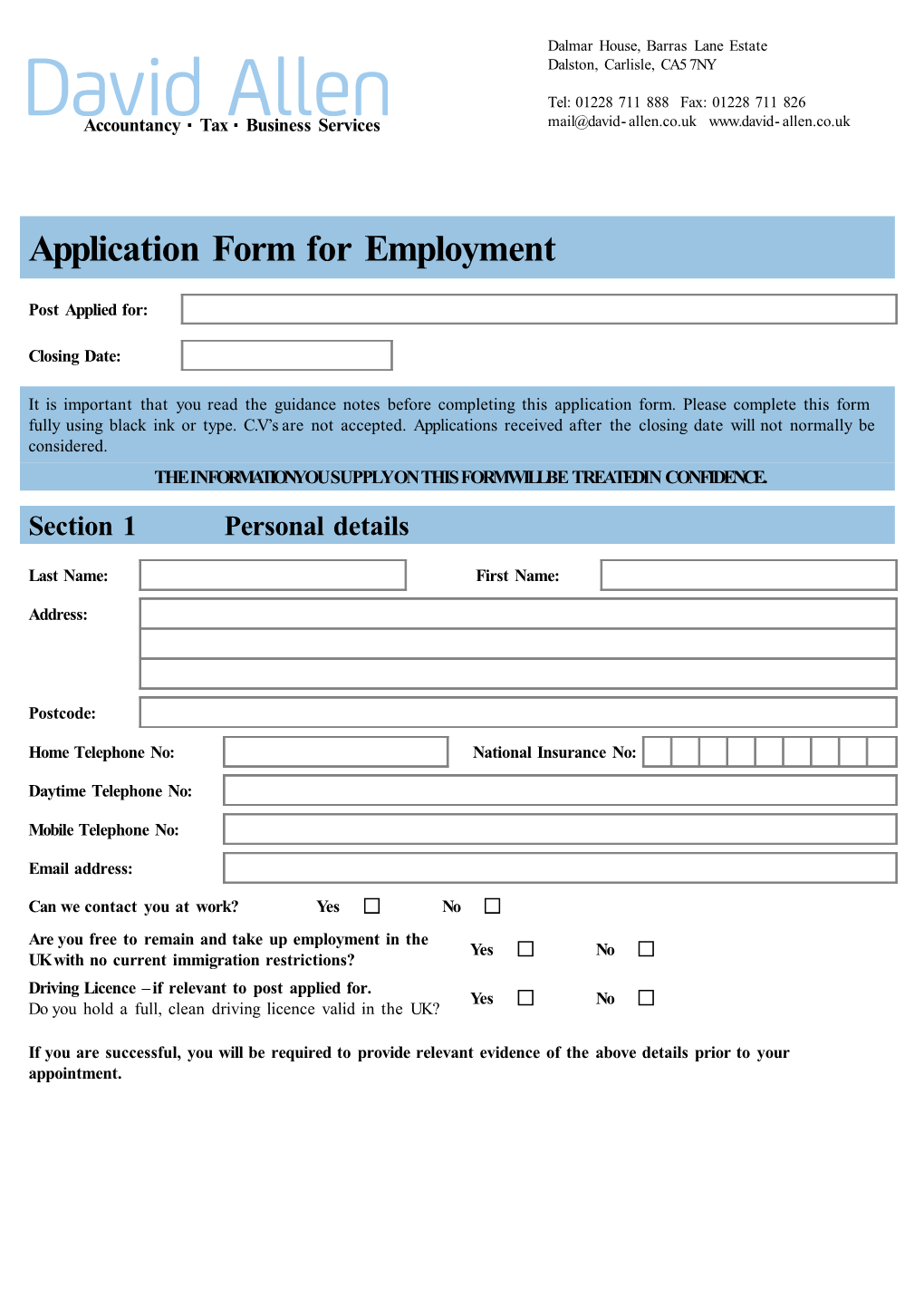 Application Form for Employment