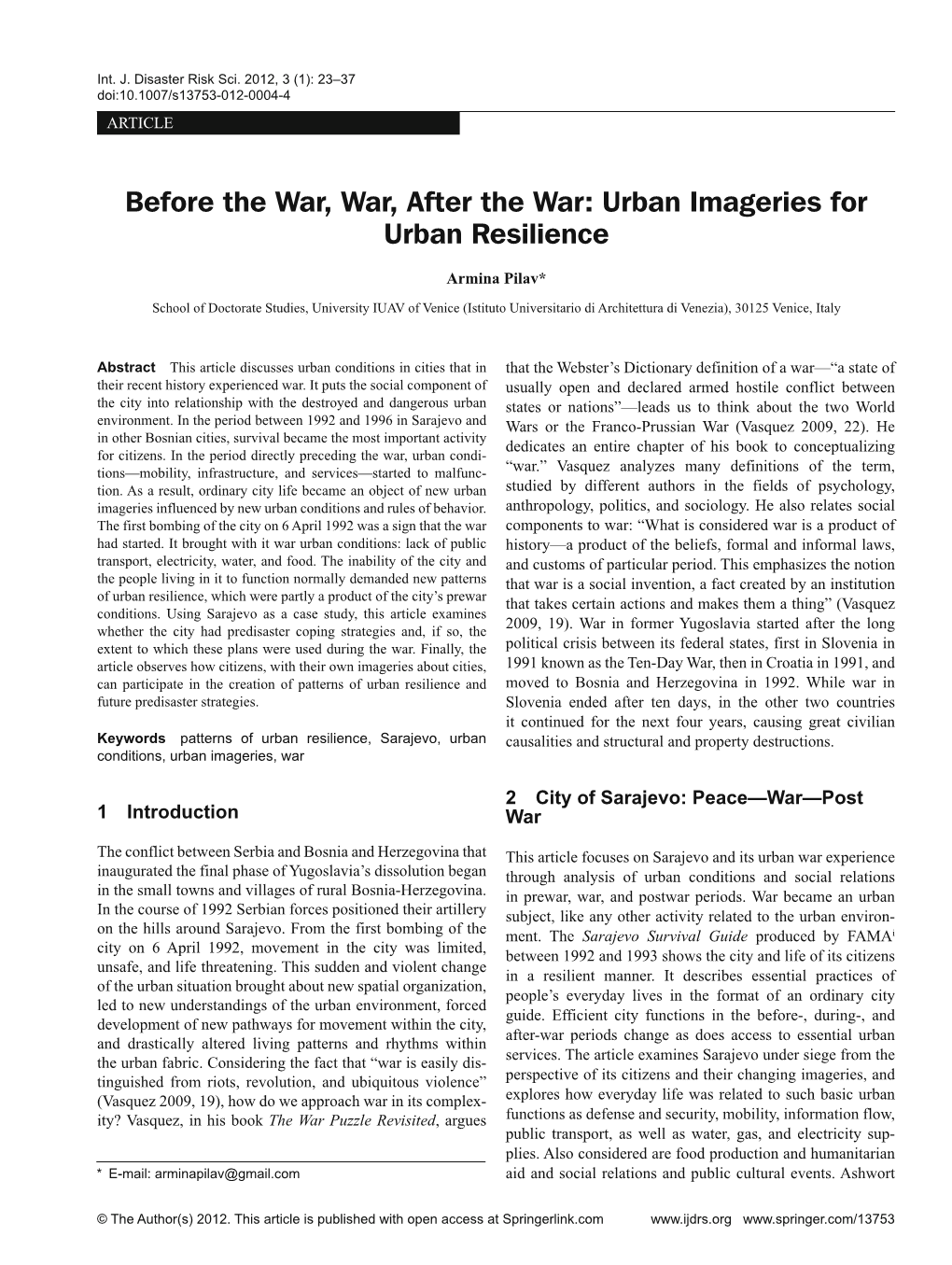 Before the War, War, After the War: Urban Imageries for Urban Resilience