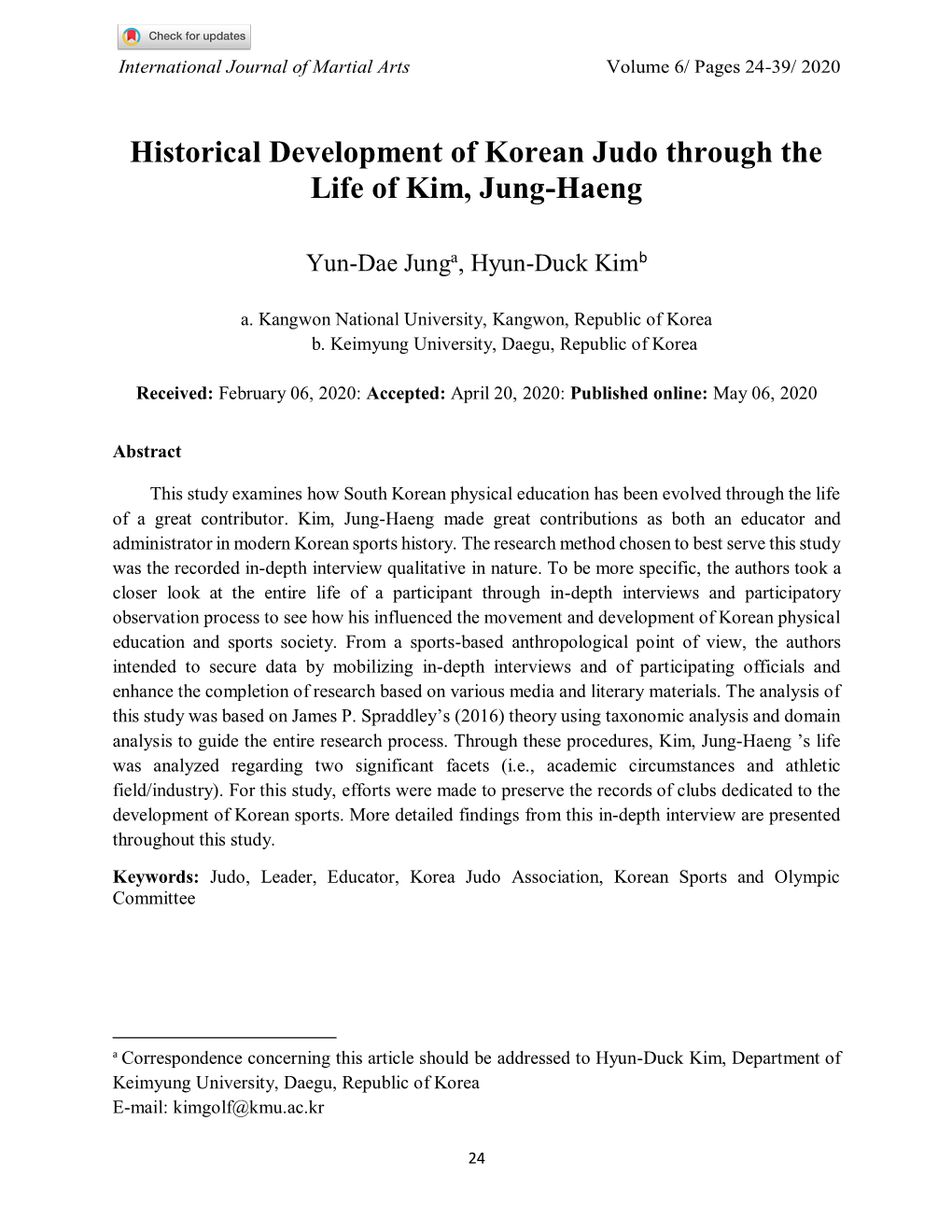 Historical Development of Korean Judo Through the Life of Kim, Jung-Haeng