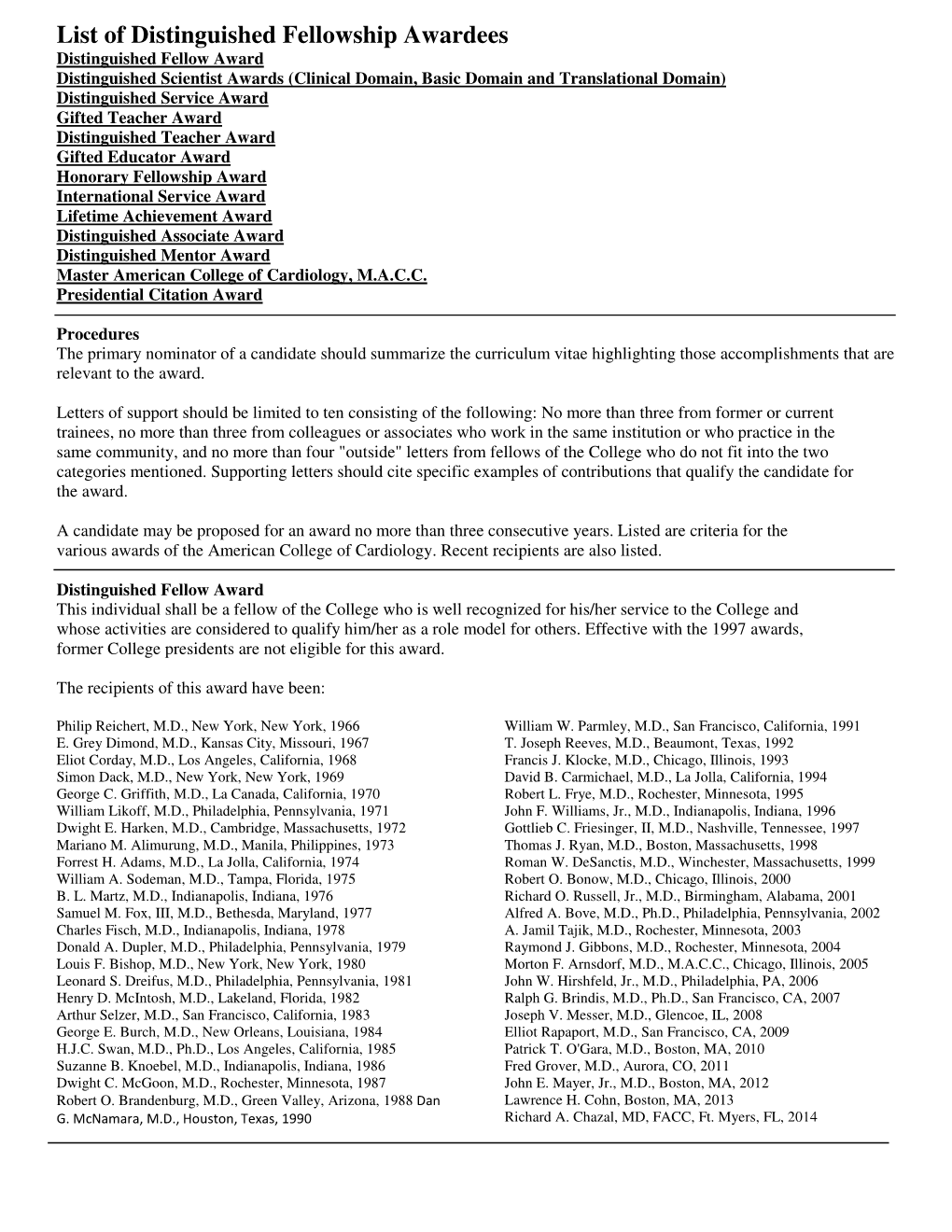 List of Distinguished Fellowship Awardees