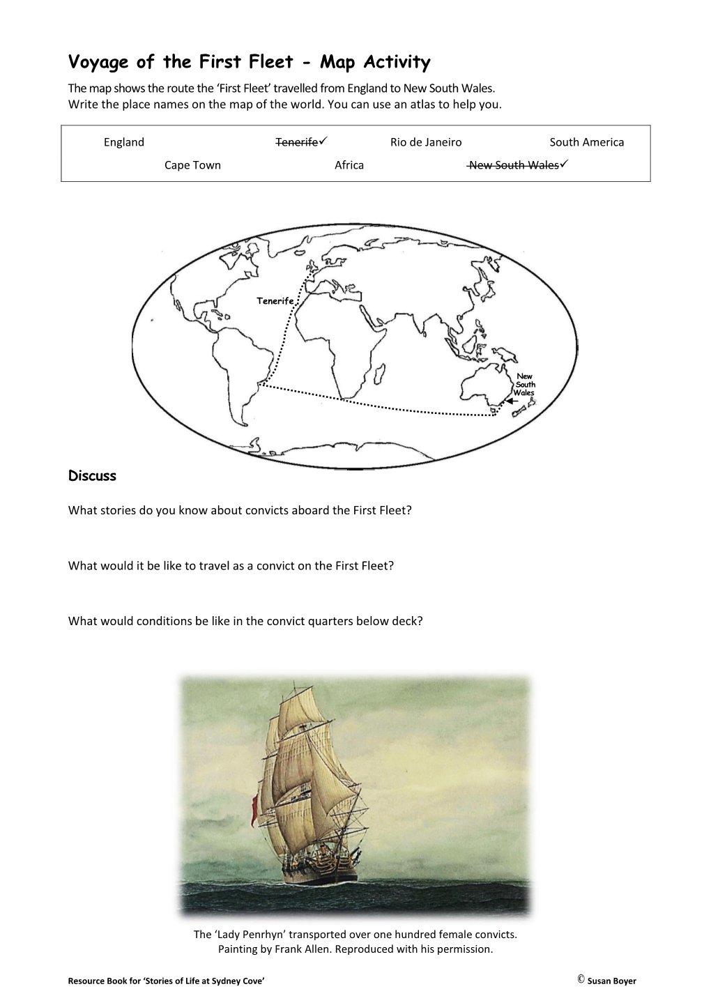 Voyage of the First Fleet - Map Activity the Map Shows the Route the ‘First Fleet’ Travelled from England to New South Wales