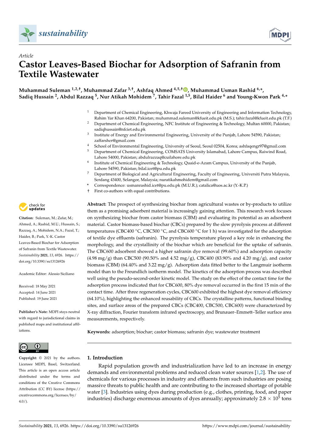 Castor Leaves-Based Biochar for Adsorption of Safranin from Textile Wastewater