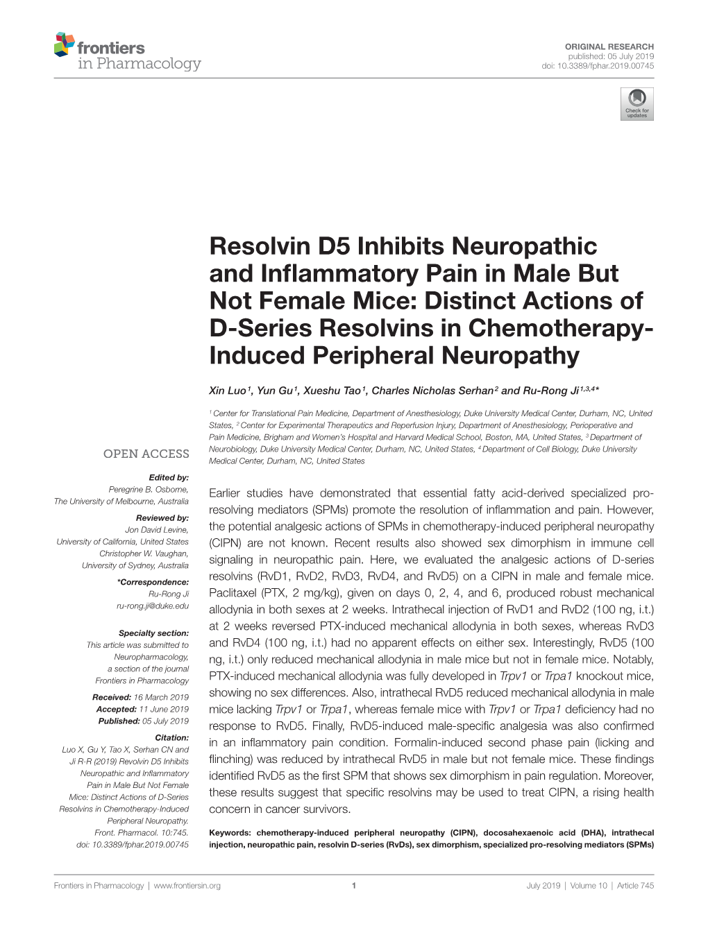 Resolvin D5 Inhibits Neuropathic and Inflammatory Pain In