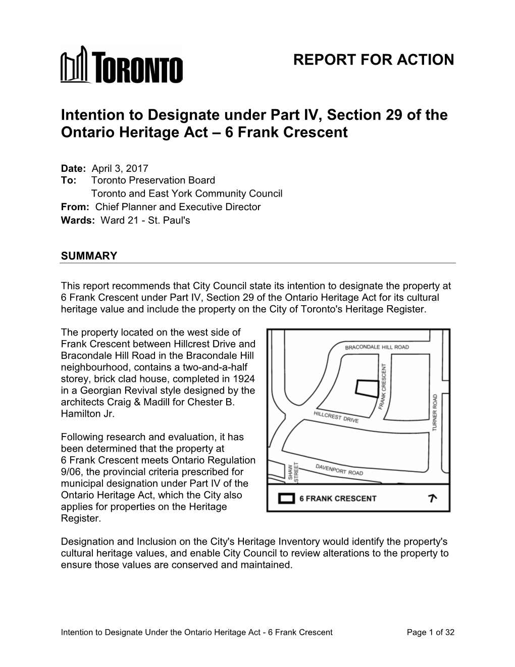 Intention to Designate Under Part IV, Section 29 of the Ontario Heritage Act – 6 Frank Crescent