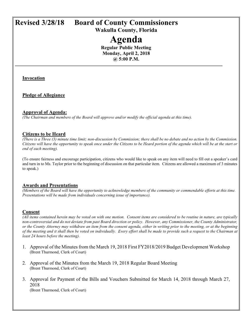 Agenda Regular Public Meeting Monday, April 2, 2018 @ 5:00 P.M