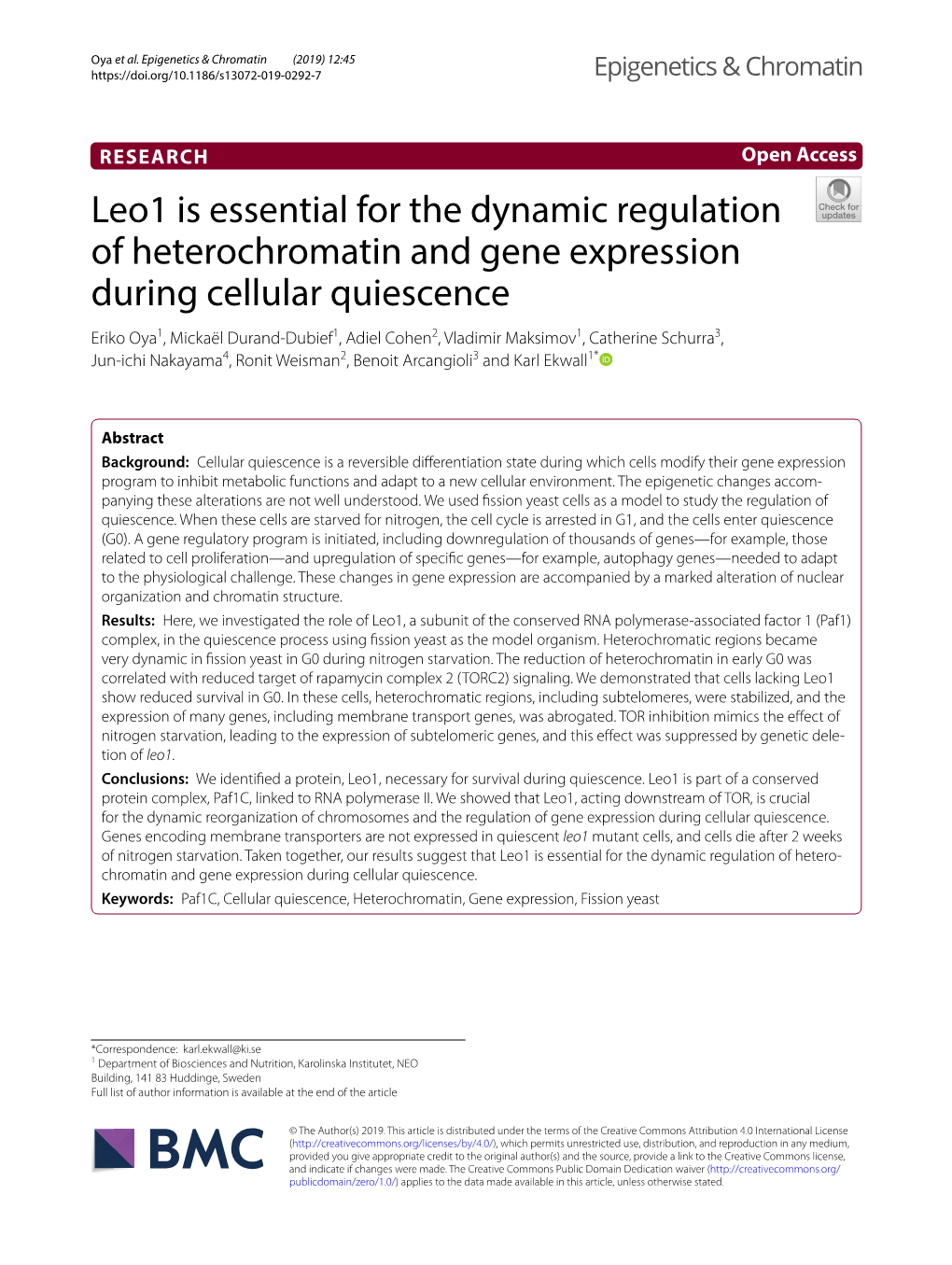 Leo1 Is Essential for the Dynamic Regulation of Heterochromatin And