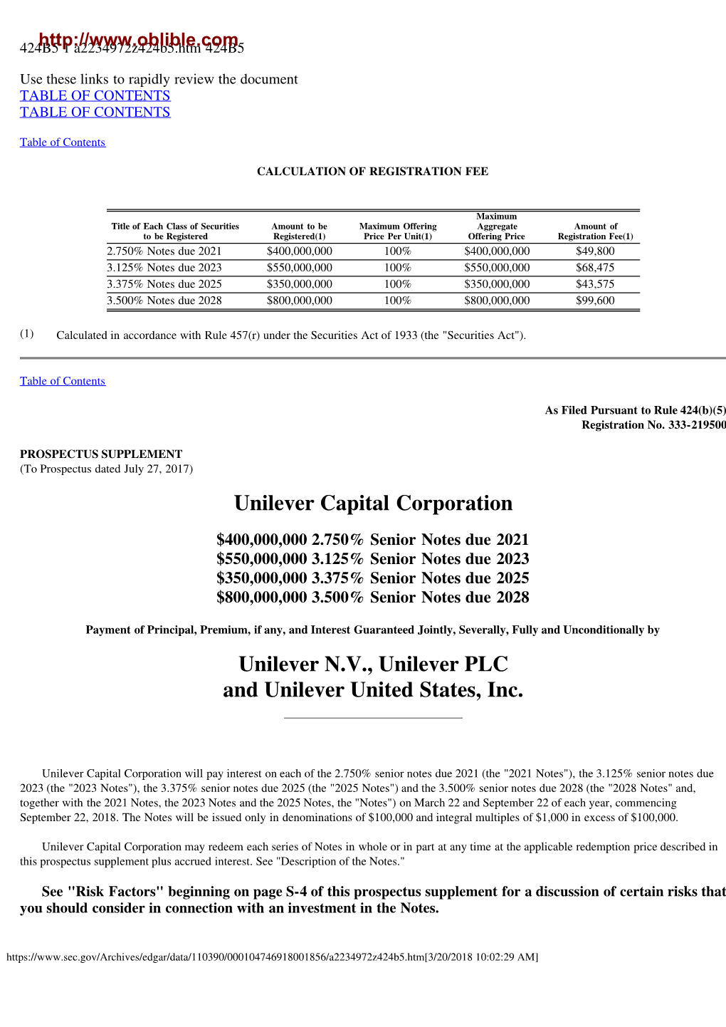 Unilever Capital Corporation Unilever N.V., Unilever PLC And