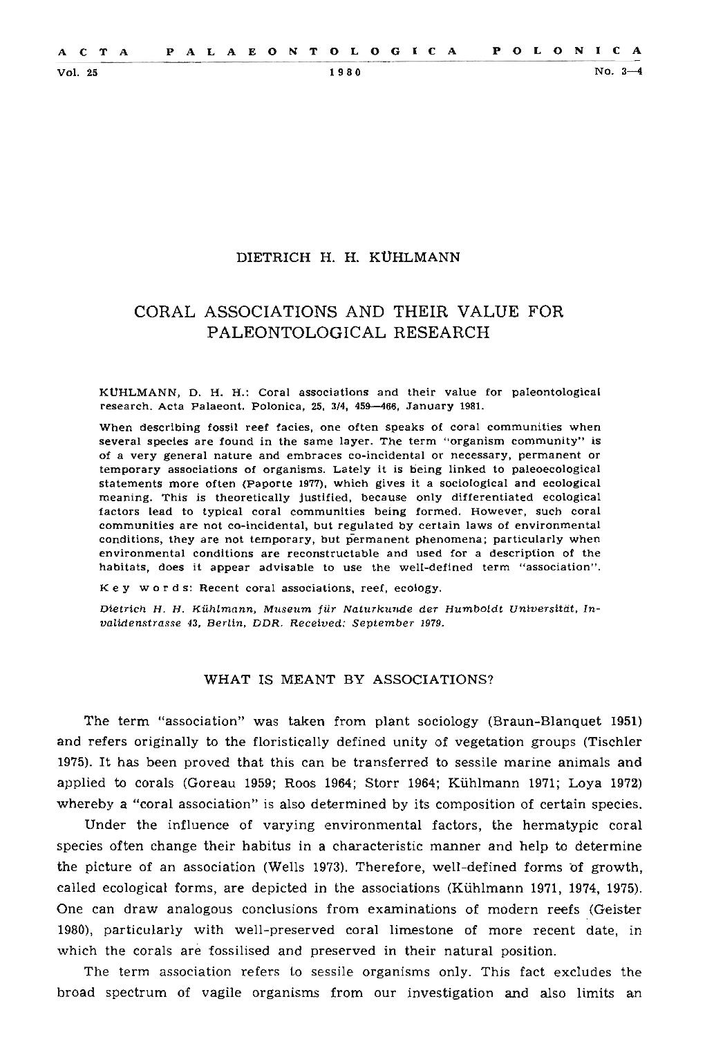 Coral Associations and Their Value for Paleontological Research